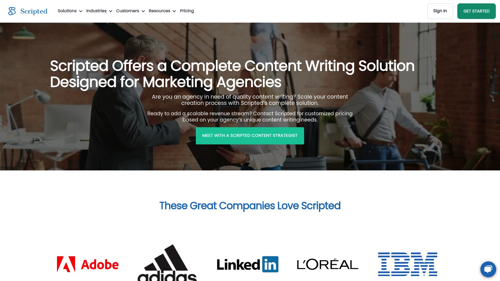 A screenshot of the Scripted for Agencies page, showcasing its services that connect agencies with expert writers.