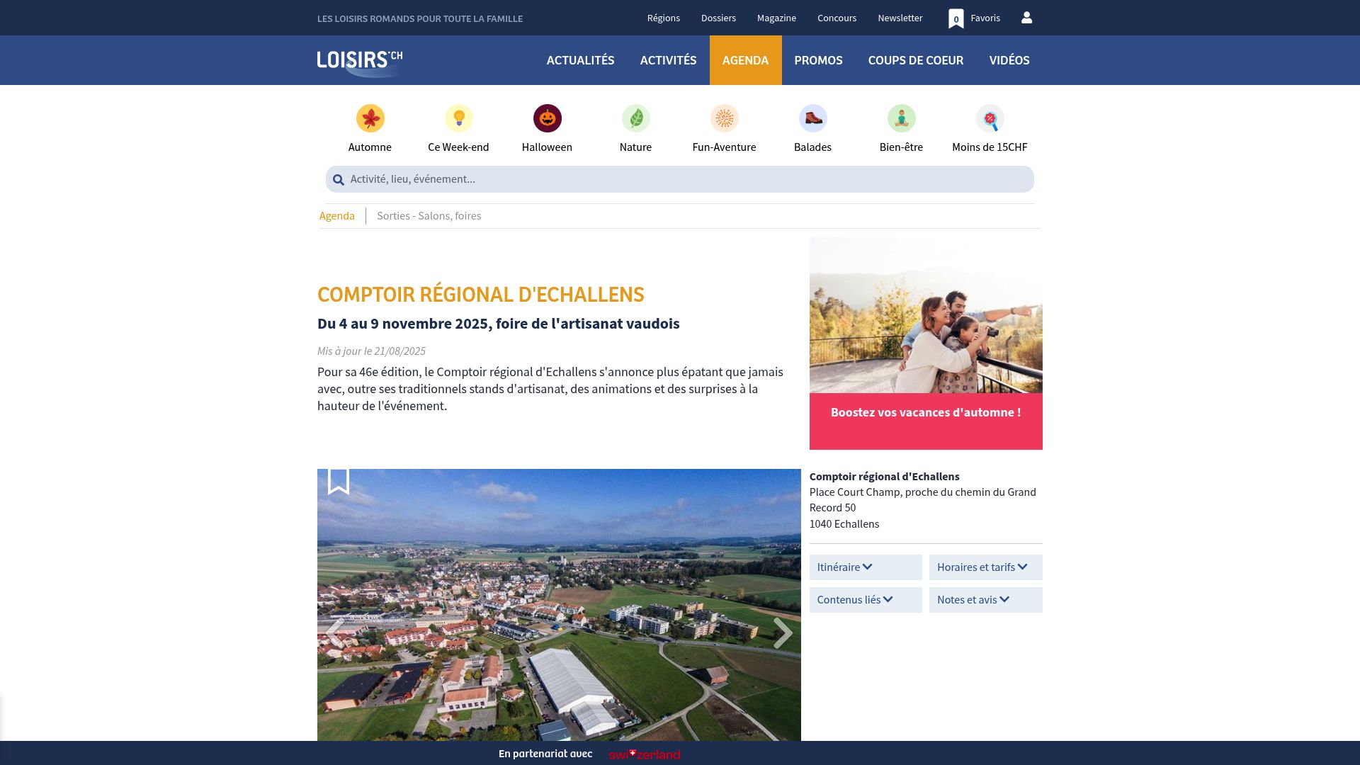 Capture d'écran de la page du Comptoir régional d'Echallens sur Loisirs.ch, avec les dates, horaires et la description de l'événement.