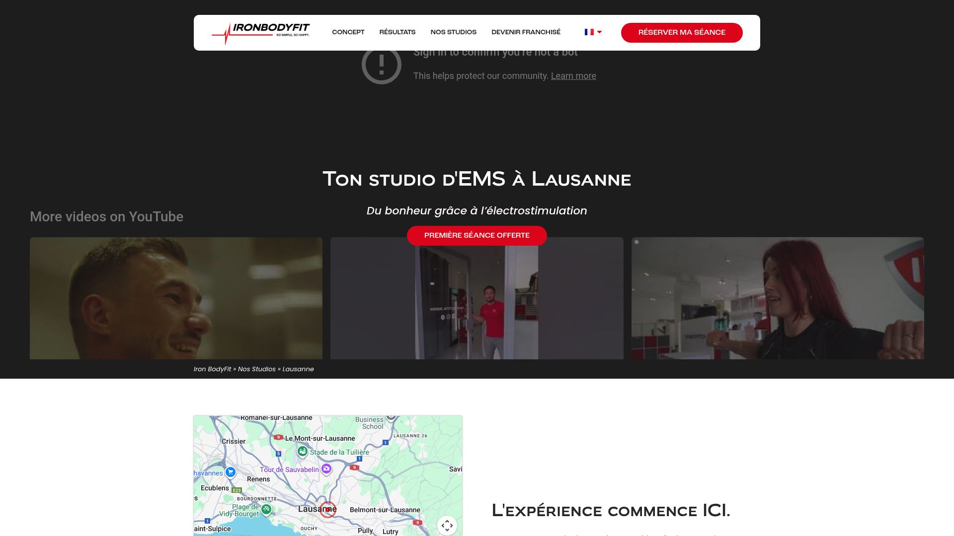 Capture d'écran de la page d'accueil d'Ironbodyfit Lausanne, montrant leur approche centrée sur l'EMS.