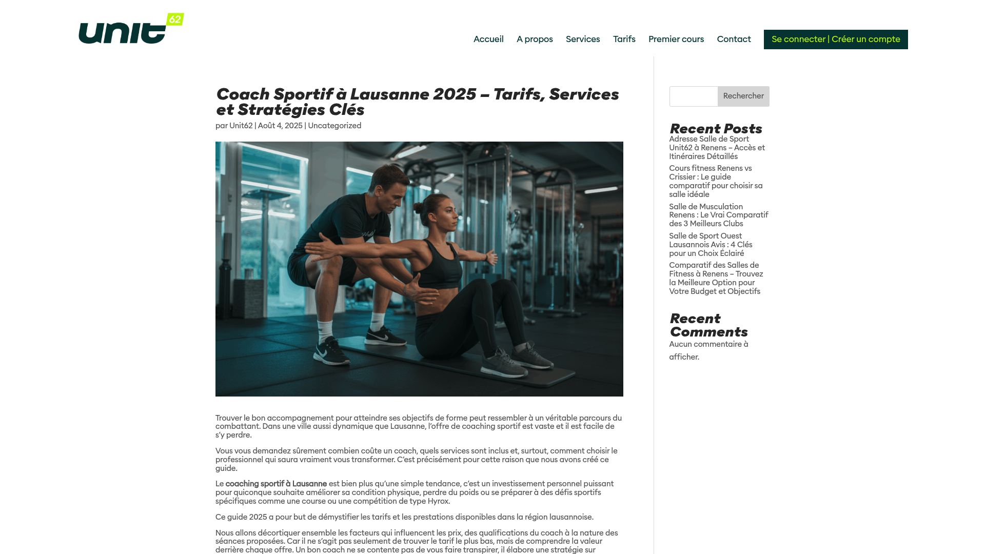 Capture d'écran de la page de Unit62, mettant en avant leur approche de coaching sur mesure.