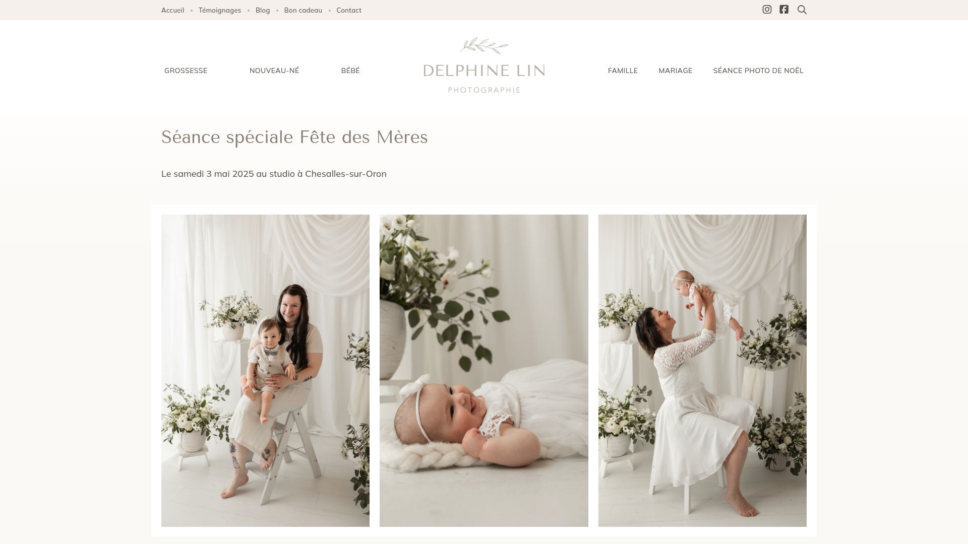Un aperçu du site web de Delphine Lin Photographie, qui met en avant son offre de séance photo pour la Fête des Mères dans la section des services.