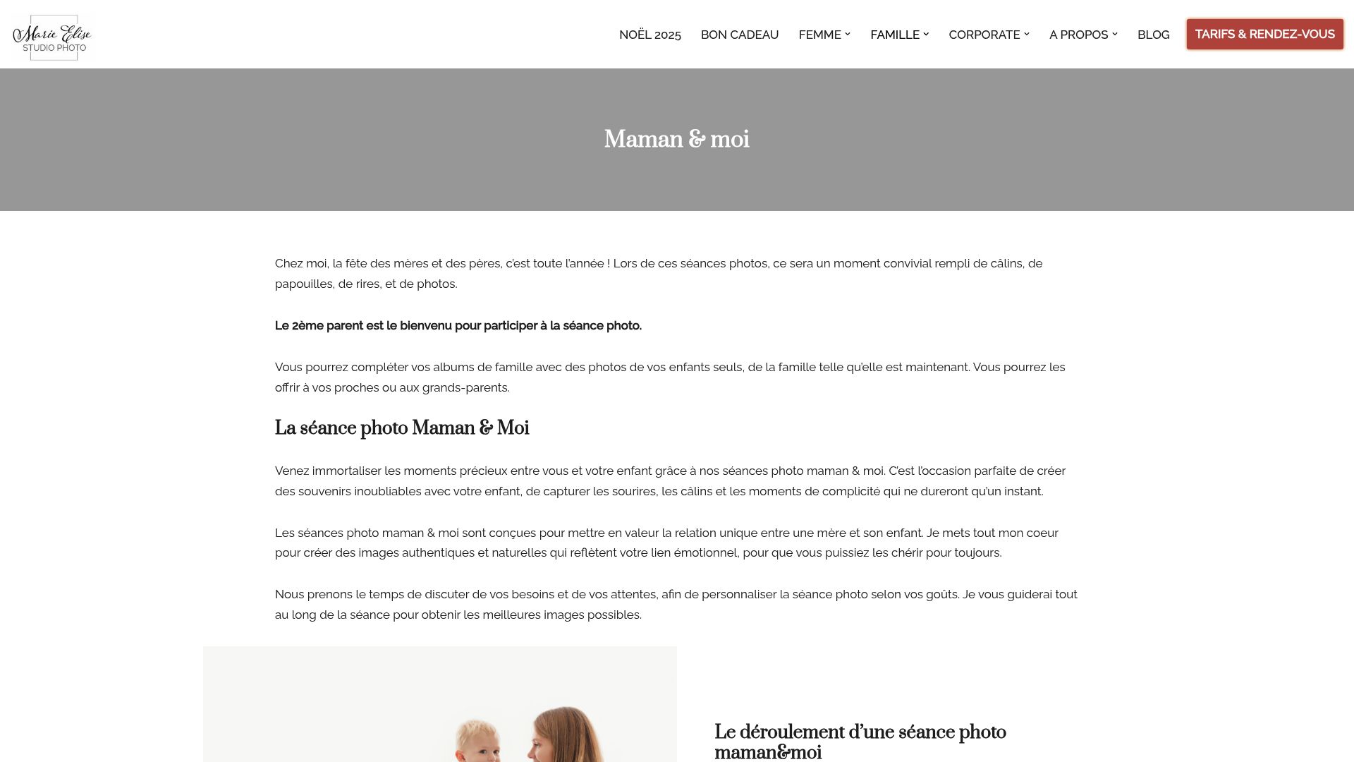 Capture d'écran du site web de Marie Elise Photographie, présentant la galerie de photos et les informations sur les séances 'Maman & Moi'.