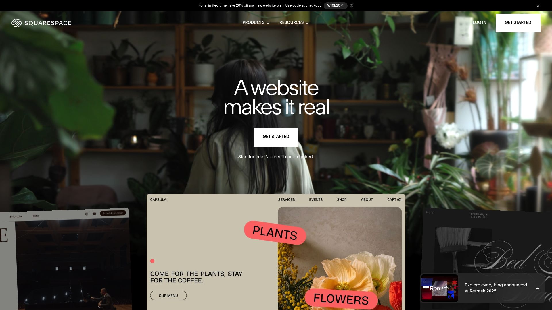 A screenshot of the Squarespace.com homepage, emphasizing its focus on beautiful design and branding.