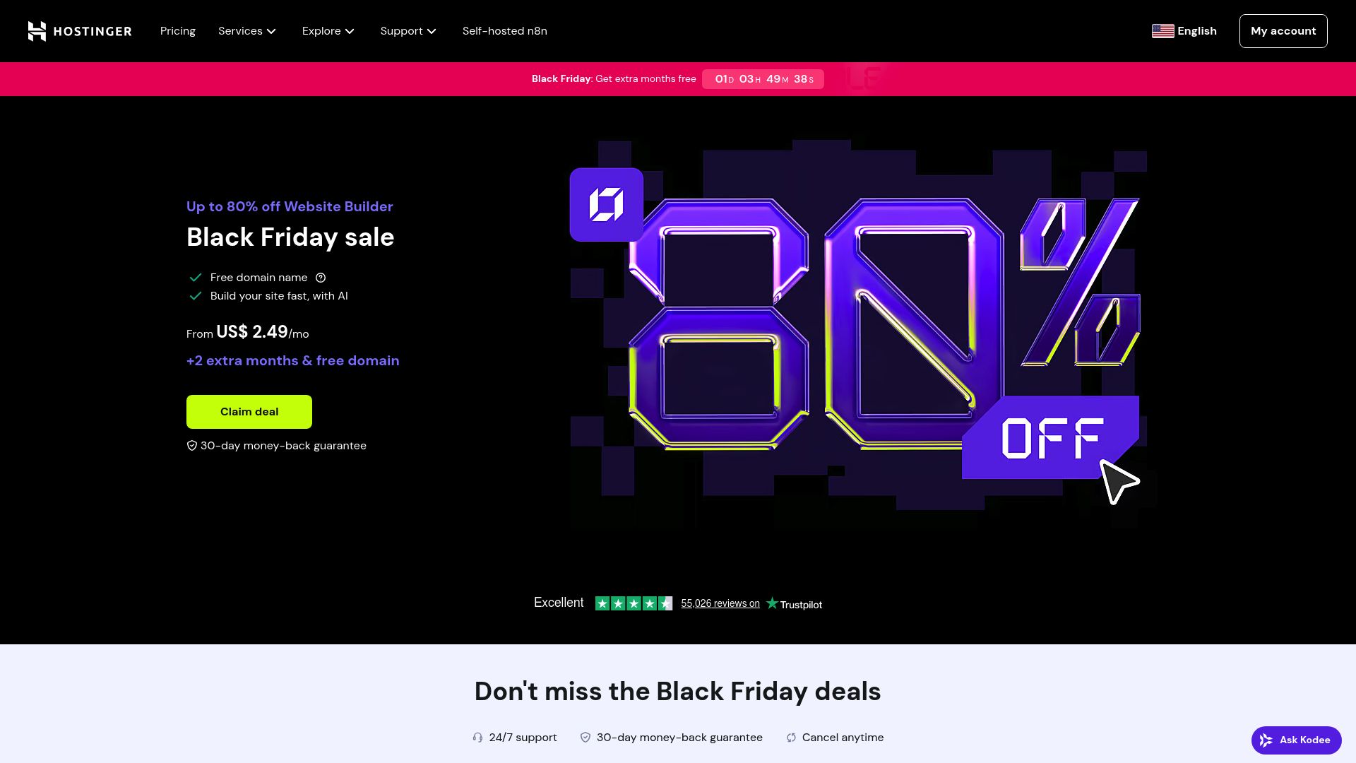 A screenshot of the Hostinger.com website builder page, showing its affordability and ease of use.