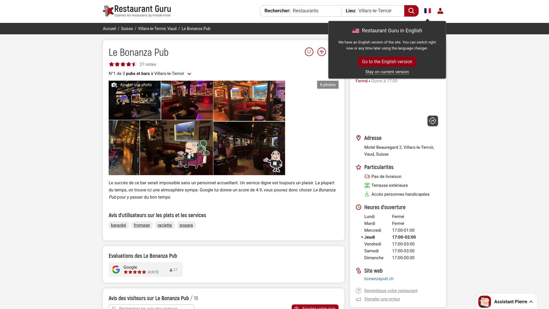 Screenshot of the Le Bonanza Pub page on Restaurant Guru, showing a high rating and positive reviews.