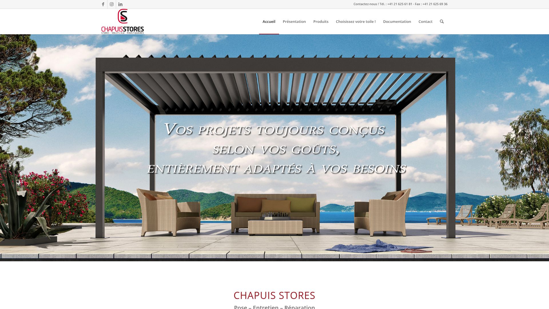 Capture d'écran de la page d'accueil du site Chapuis Stores SA, montrant leur expertise.