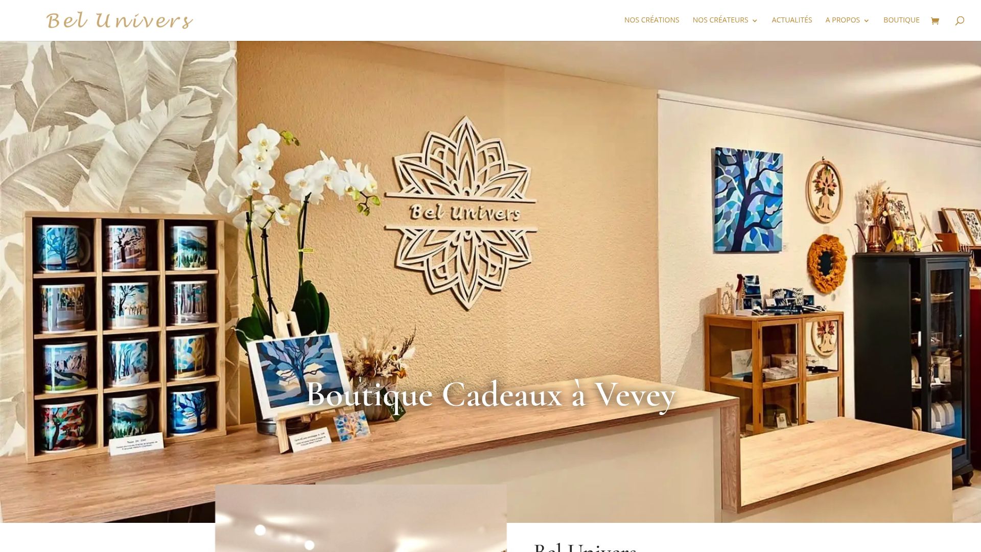 Capture d'écran de la page d'accueil du site Bel Univers, montrant une ambiance chaleureuse avec des produits d'artisans.