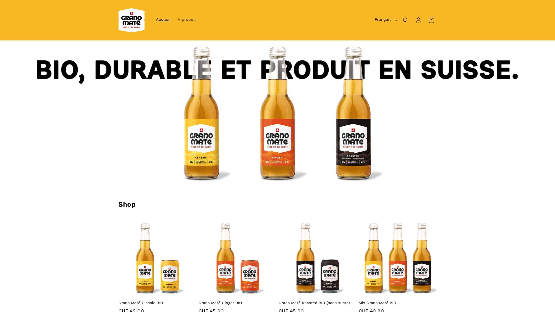 Capture d'écran de la page d'accueil de granomate.ch montrant la diversité des saveurs de maté pétillant disponibles.