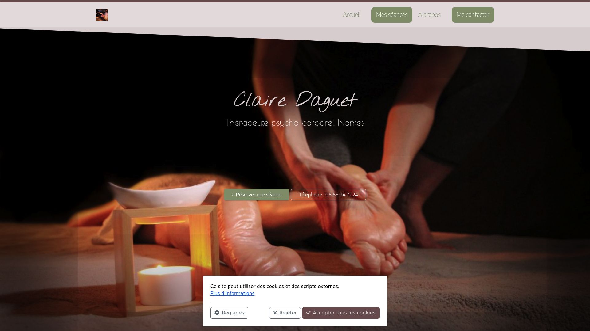 Capture d'écran de la page d'accueil du site claire-daguet-therapeute.fr, montrant le titre et le menu principal.