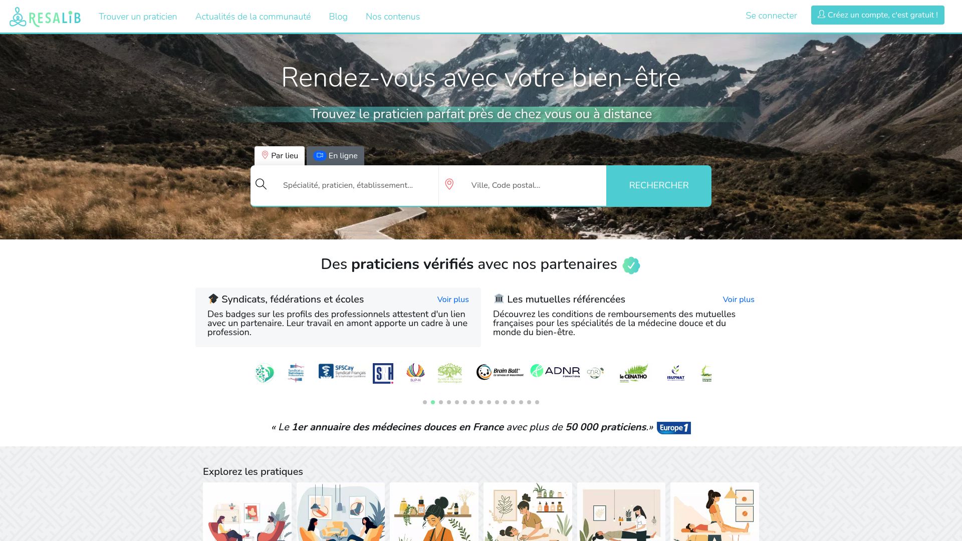 Capture d'écran du site Resalib.fr montrant la barre de recherche et les premiers résultats pour 'thérapeute psychocorporel à Nantes'.