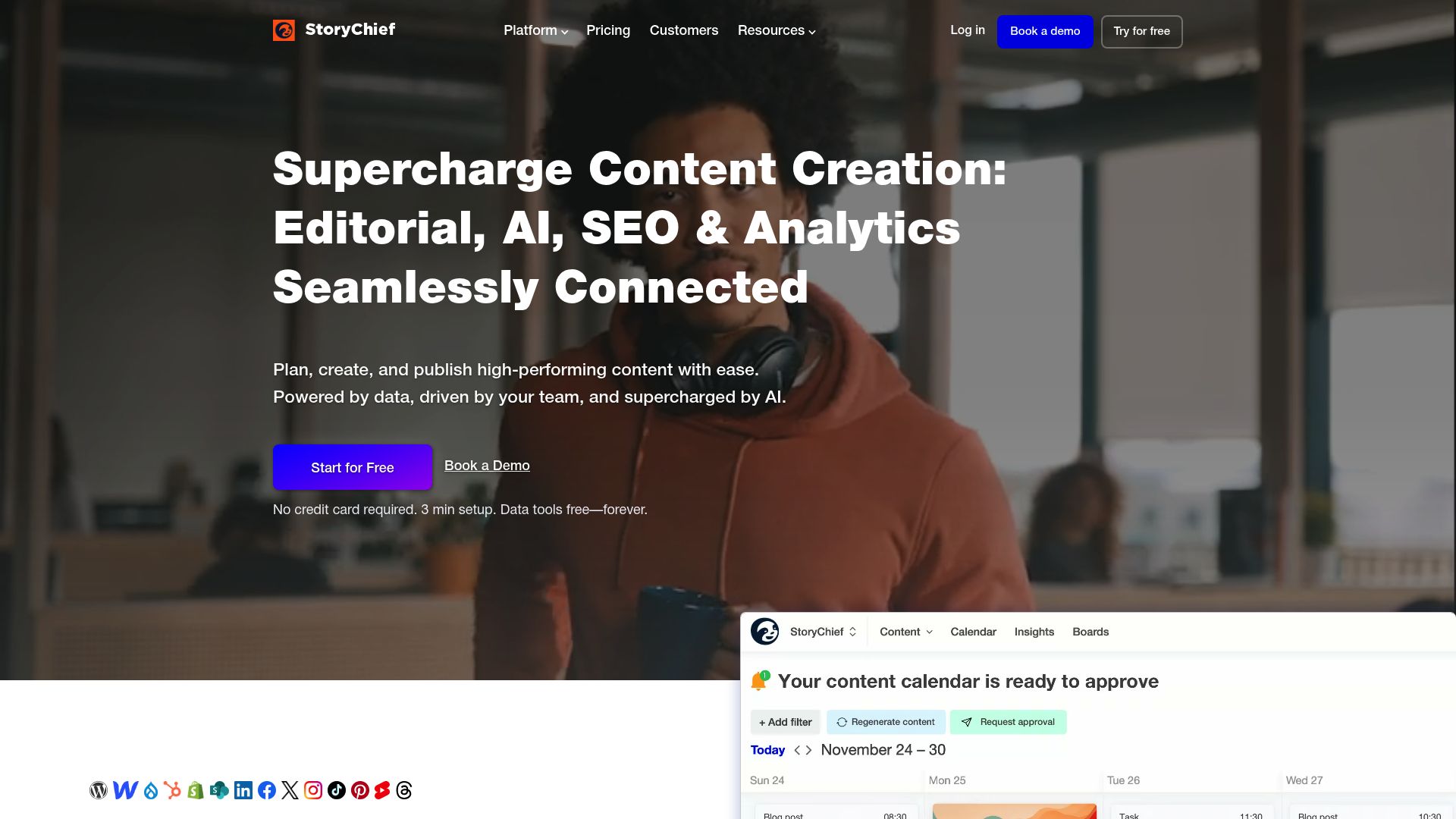 A look at the StoryChief homepage, showing off its tools for sharing content and working as a team.