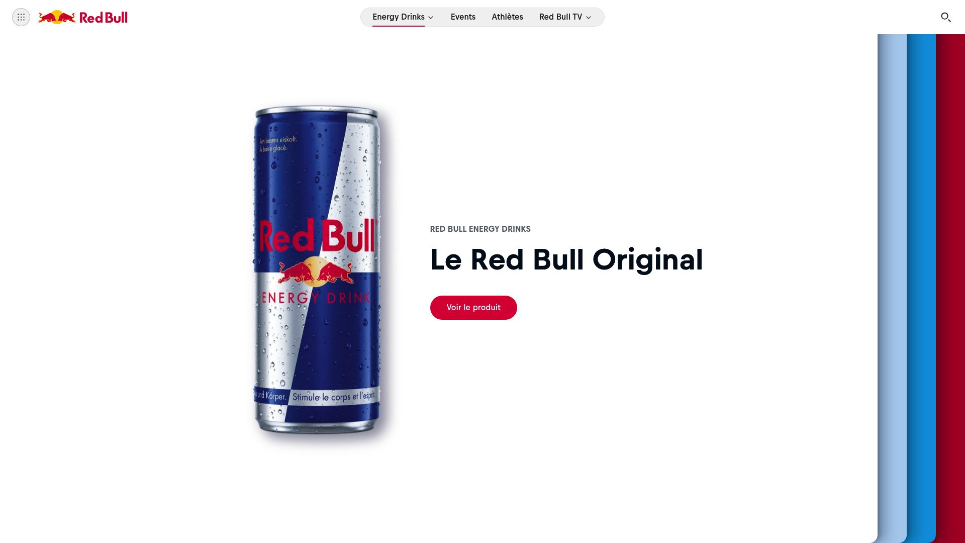 Capture d'écran de la page produit d'une canette de Red Bull sur un site de e-commerce, montrant clairement la liste des ingrédients et les informations nutritionnelles.