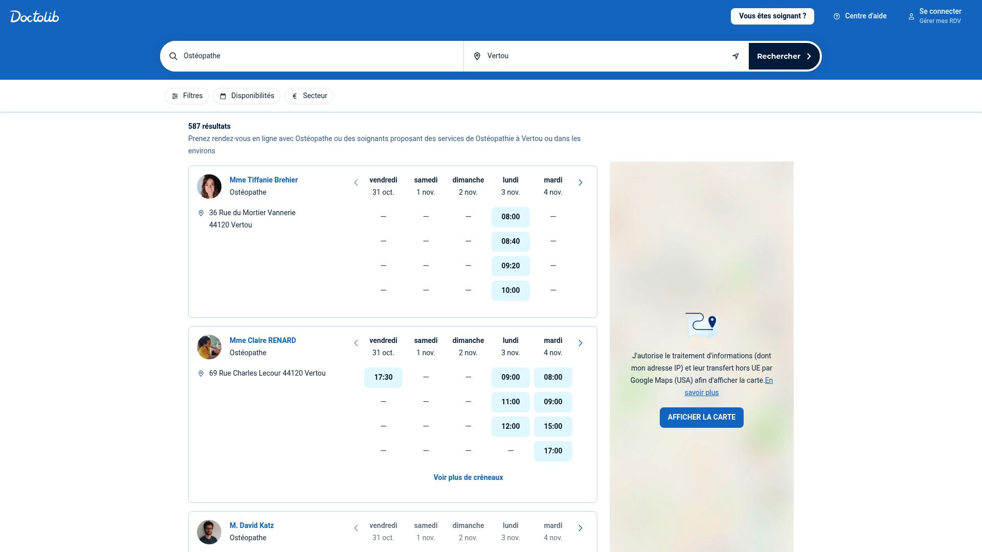 Ce à quoi ressemble une recherche d'ostéopathe à Vertou sur Doctolib, avec la liste des praticiens.