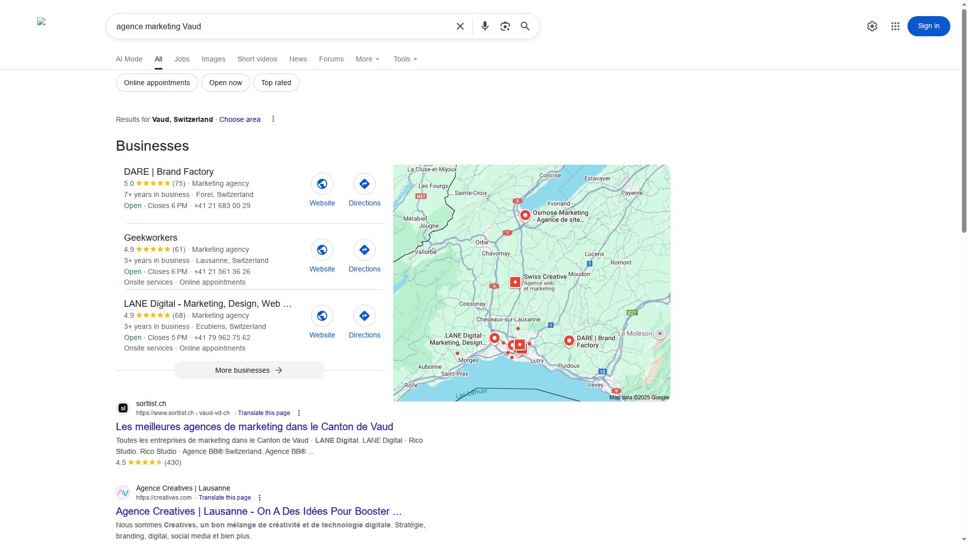 Capture d'écran d'une page de résultats de recherche Google pour la requête 'agence marketing Vaud', illustrant le processus de recherche initial.
