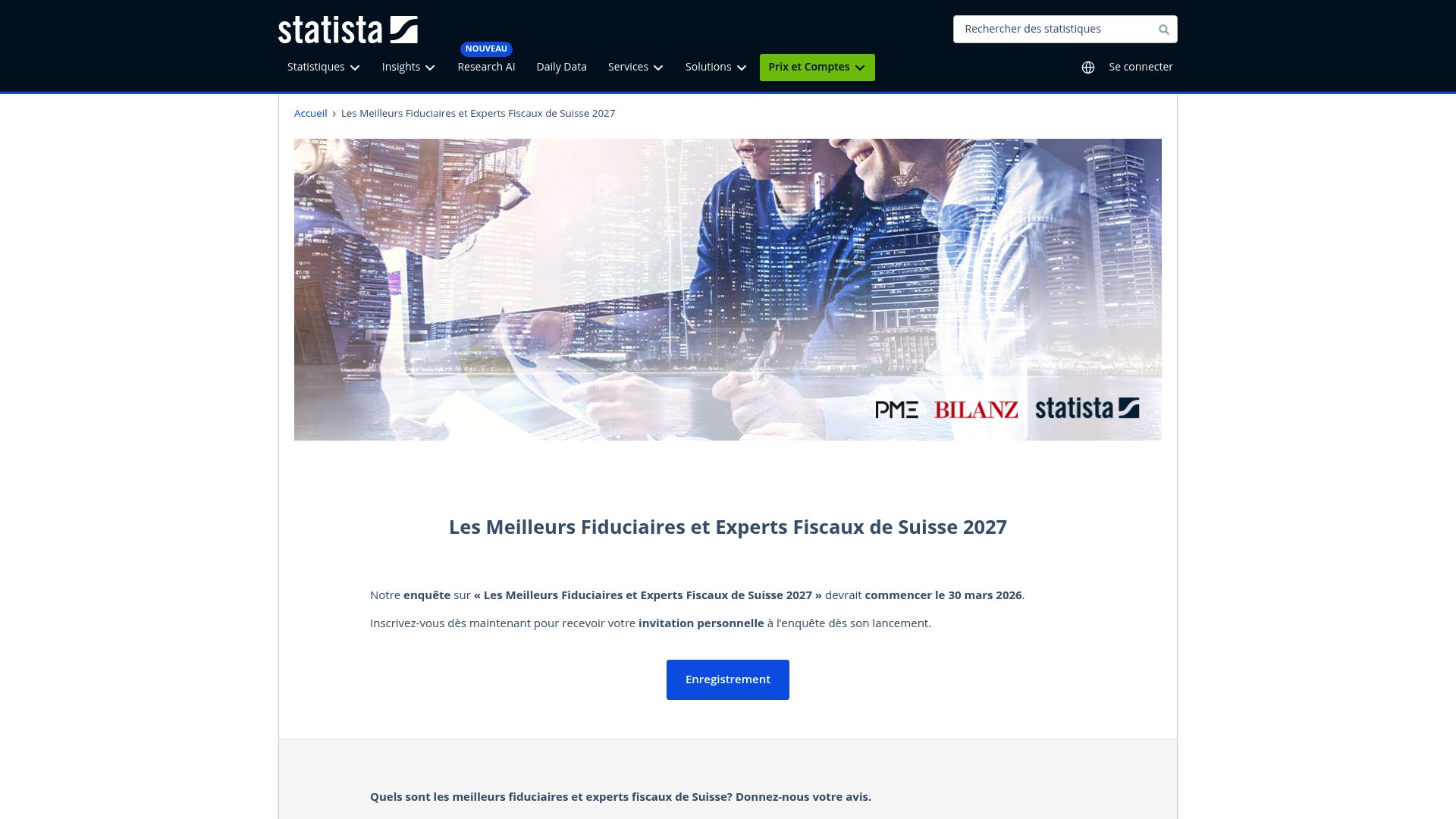 Écran d'ordinateur affichant la page d'accueil de Statista avec le classement des meilleures fiduciaires.