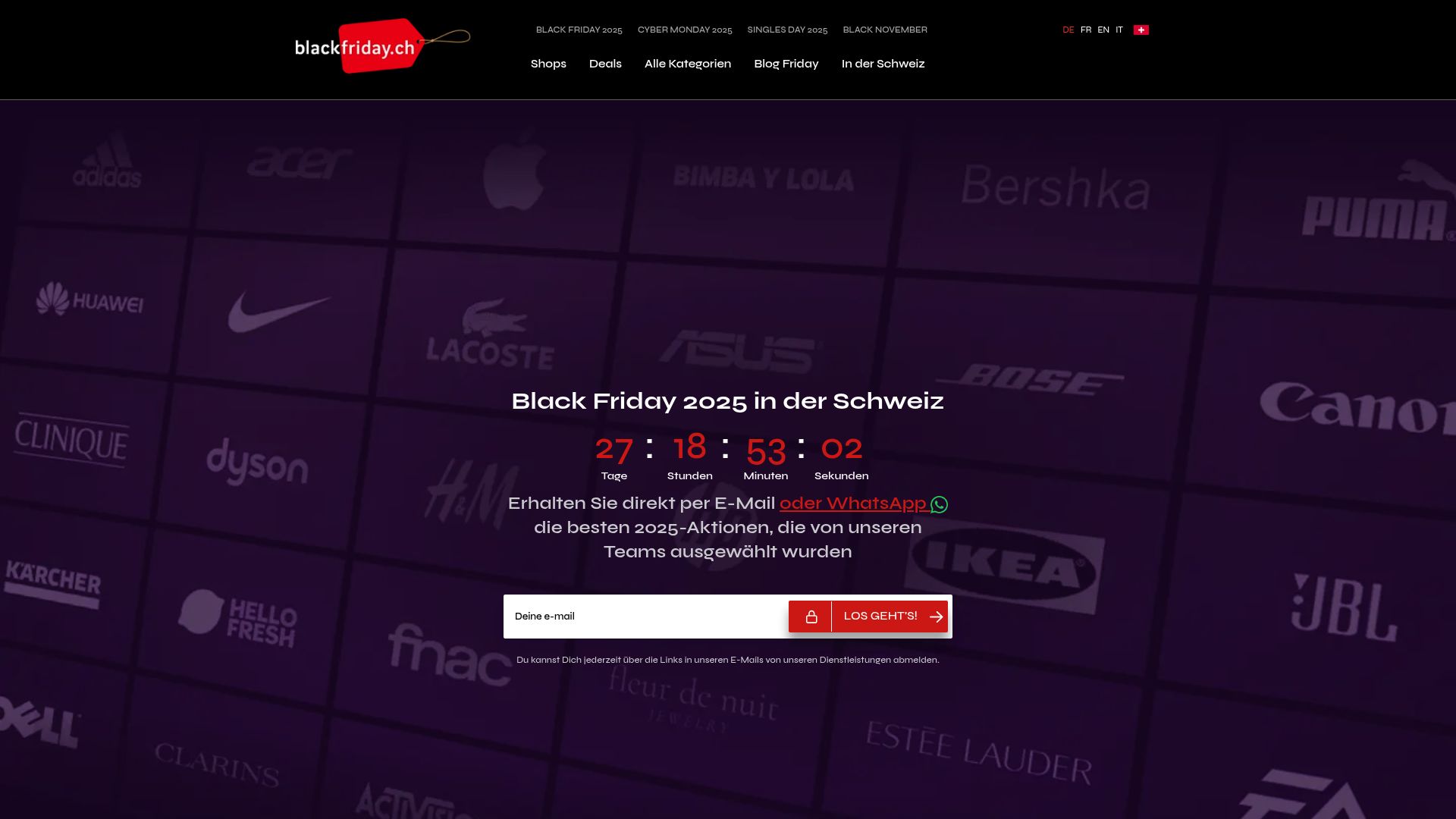 Une capture d'écran de l'accueil du site BlackFriday.ch, affichant des logos de marques et des annonces de promotions pour l'événement.