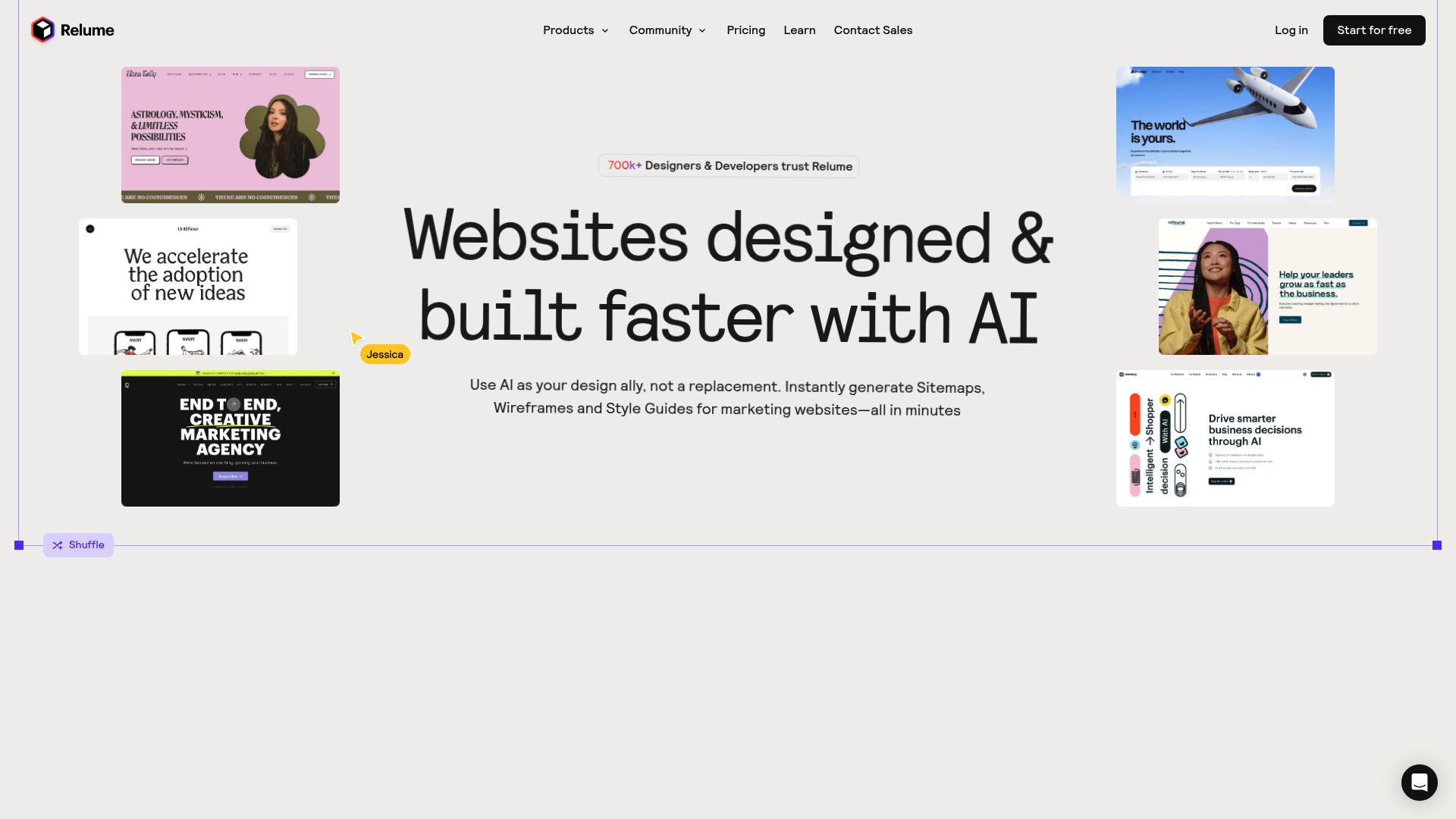 A look at the Relume AI site builder's interface, with a text prompt on the left and the sitemap and wireframes it generated on the right.