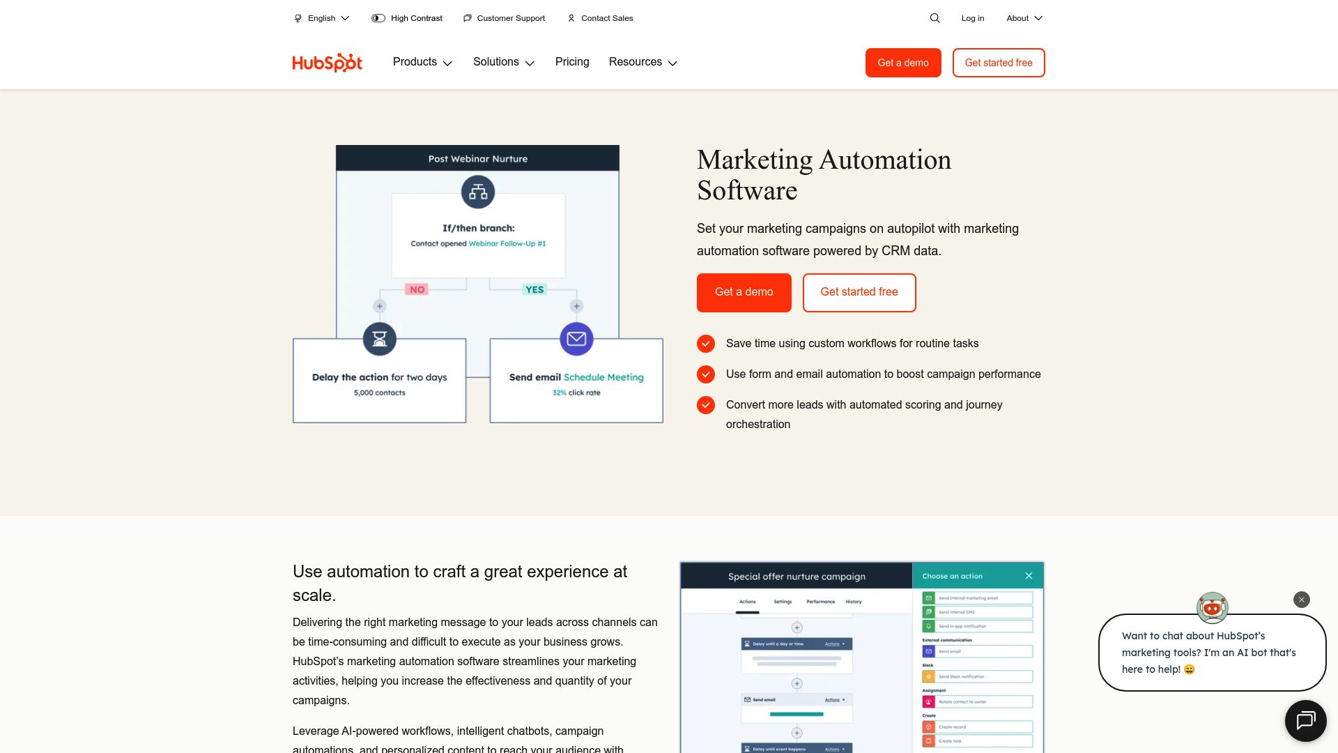 Capture d'écran de l'interface de création de workflow d'automatisation de HubSpot, montrant des étapes logiques comme 'Envoyer email', 'Attendre 3 jours', 'Si cliqué, alors...'.