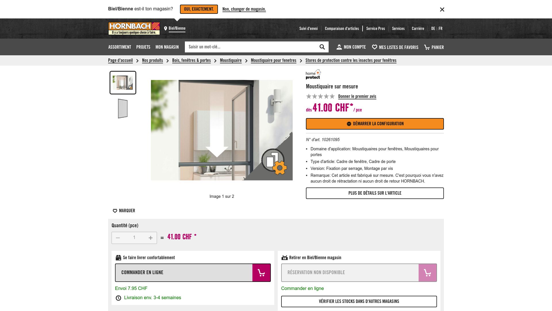 Capture d'écran de la page de configuration d'une moustiquaire sur mesure sur le site Hornbach.ch, montrant les options de dimensions et de type de cadre.
