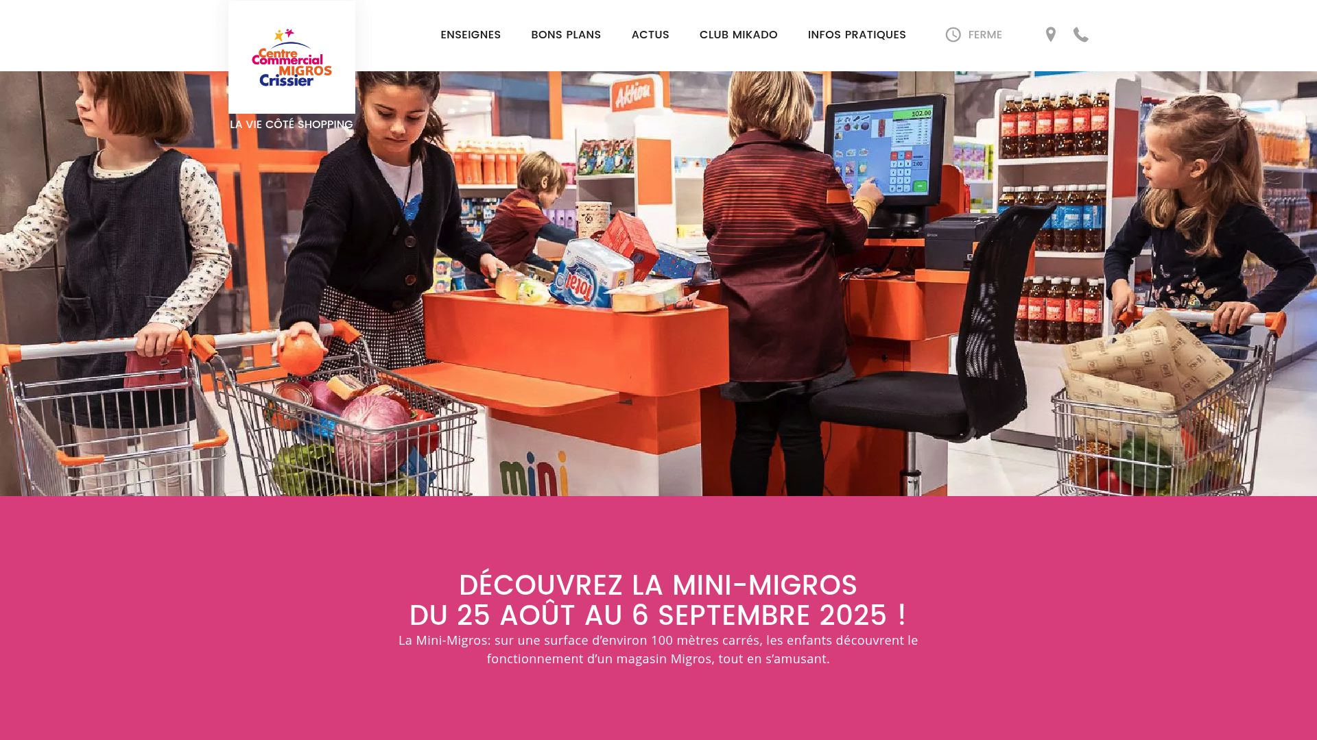 Screenshot of the Mini-Migros website homepage, showing happy children playing in the miniature supermarket.
