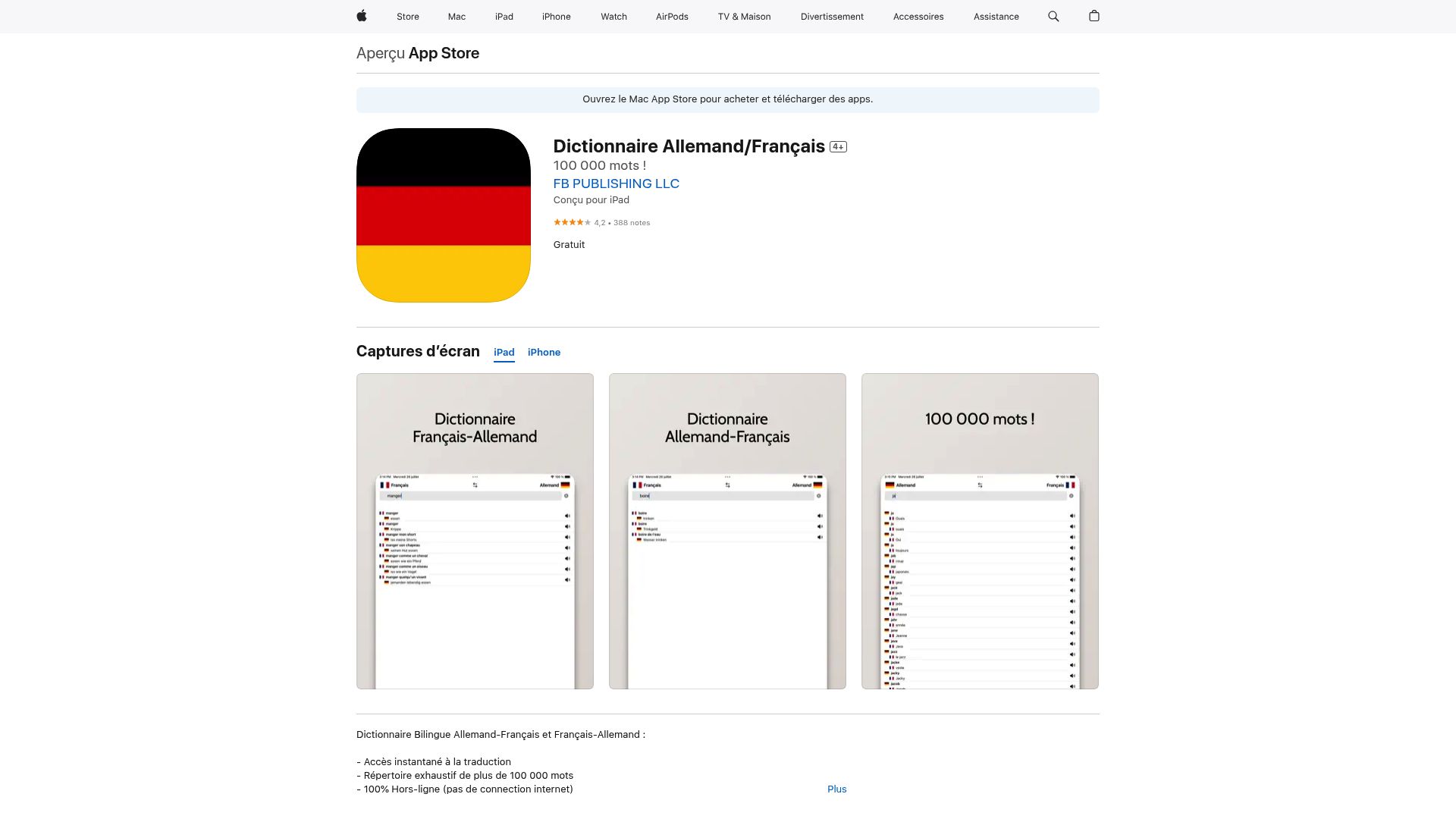 Un aperçu de l'application Dictionnaire Allemand/Français sur l'App Store, qui montre bien son design ultra-simple et direct.