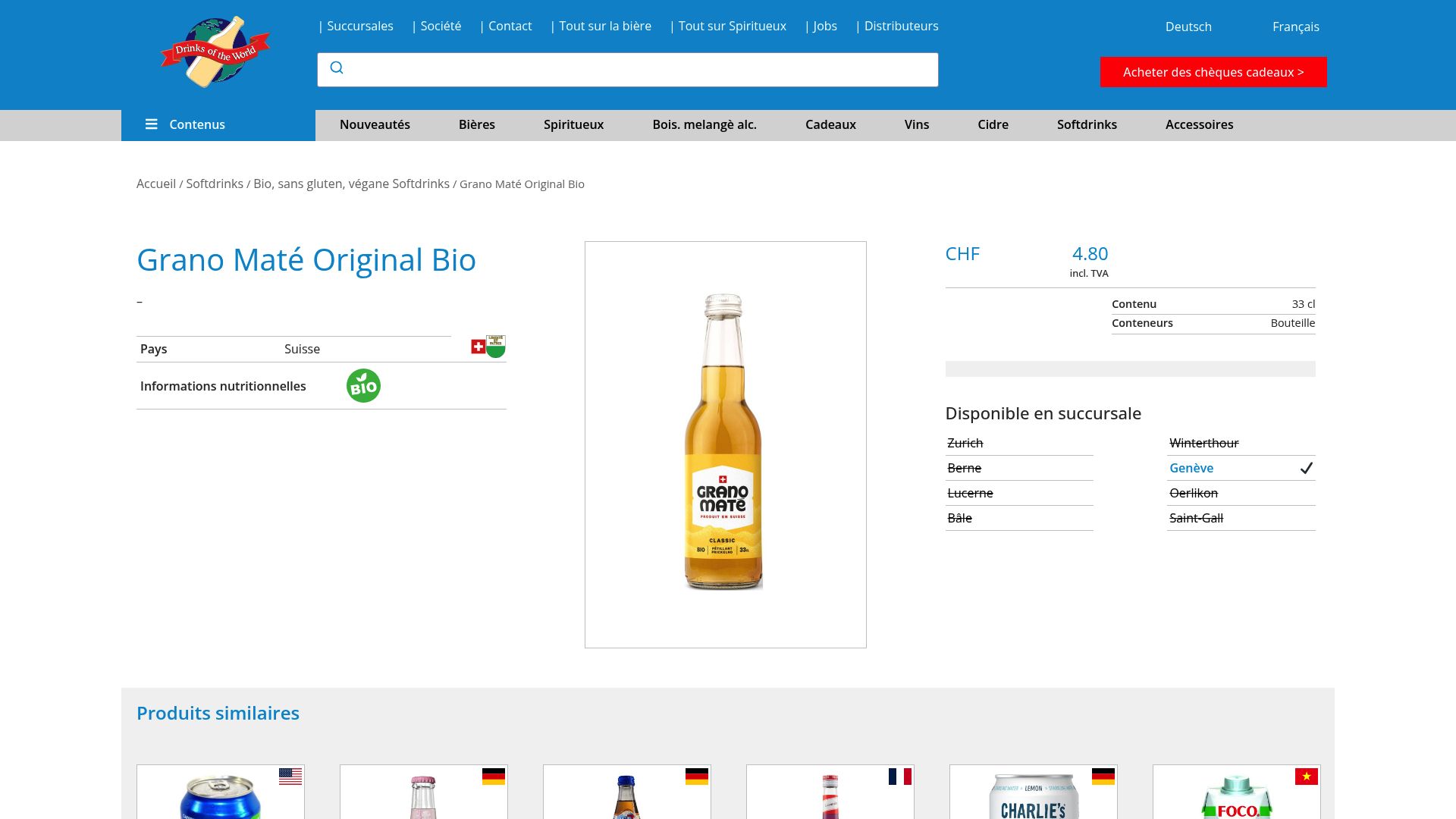Capture d'écran de la page produit de Grano Maté sur le site de Beerworld, montrant la bouteille et le prix.