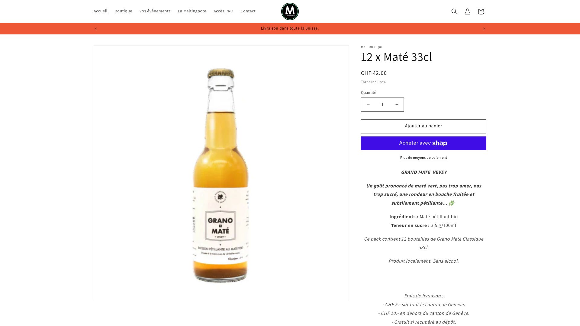 Capture d'écran du site La Melting Pote montrant le pack de 12 bouteilles de Grano Maté.