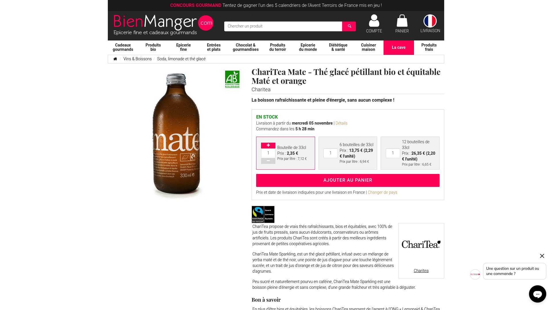 A screenshot of the ChariTea Mate product page on a retailer website, showing the bottle and nutritional information.