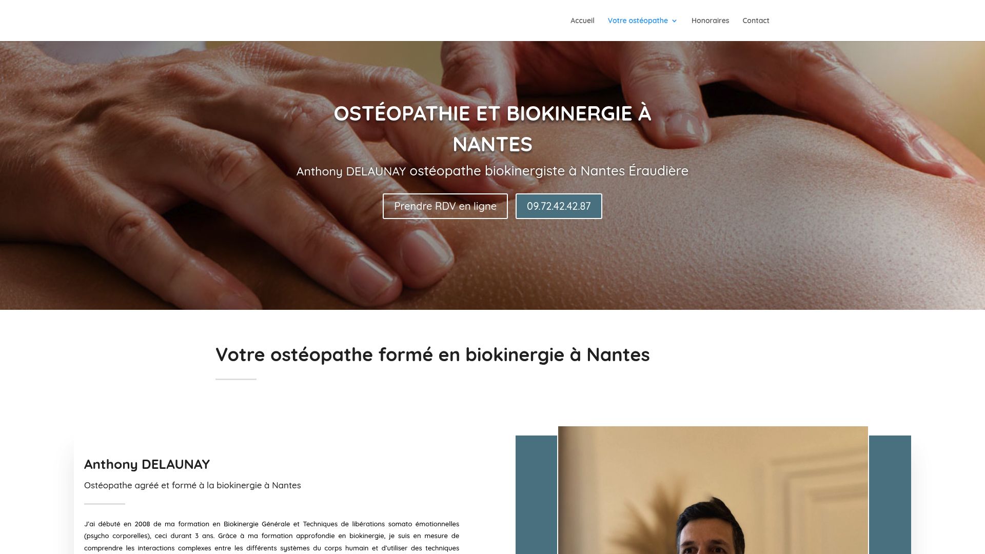 Capture d'écran de la page d'un cabinet d'ostéopathie nantais qui mentionne la biokinergie.