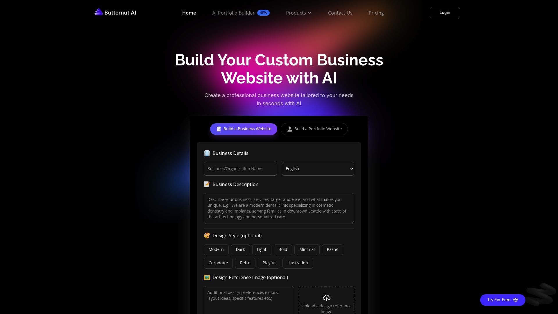 Screenshot of the Butternut.ai homepage, showing an example of a website builder's interface.