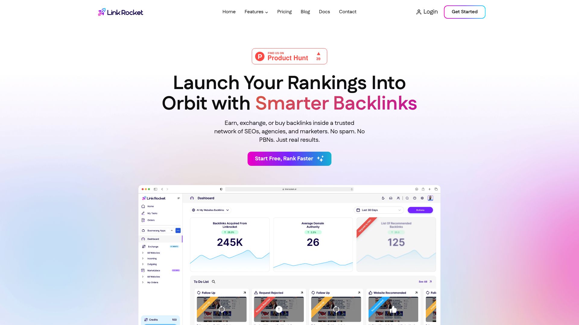 A screenshot of the LinkRocket homepage, showing their logo and a clean, modern user interface at the top of the page.