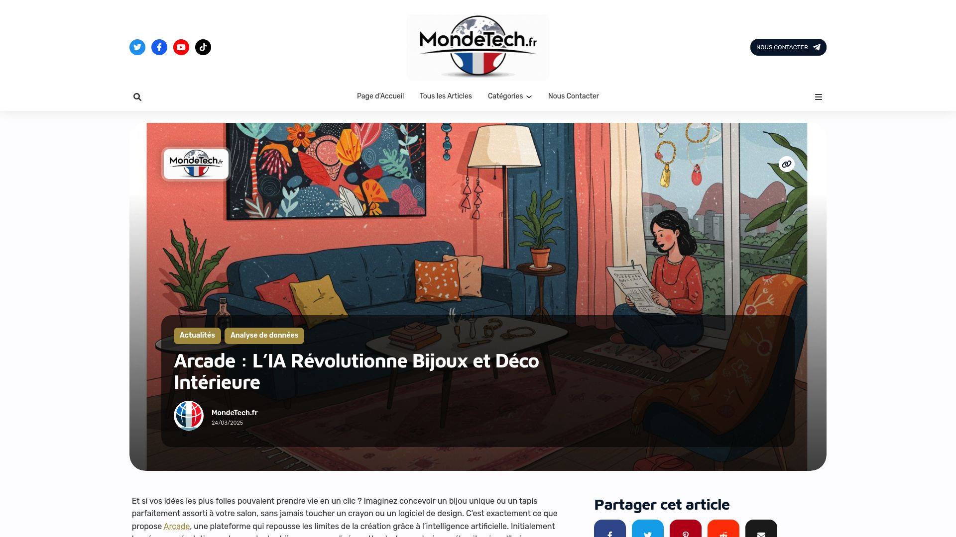 Capture d'écran de la page d'accueil du site Arcade, montrant des exemples de créations de motifs générés par intelligence artificielle. URL: https://mondetech.fr/arcade-lia-revolutionne-bijoux-et-deco-interieure/
