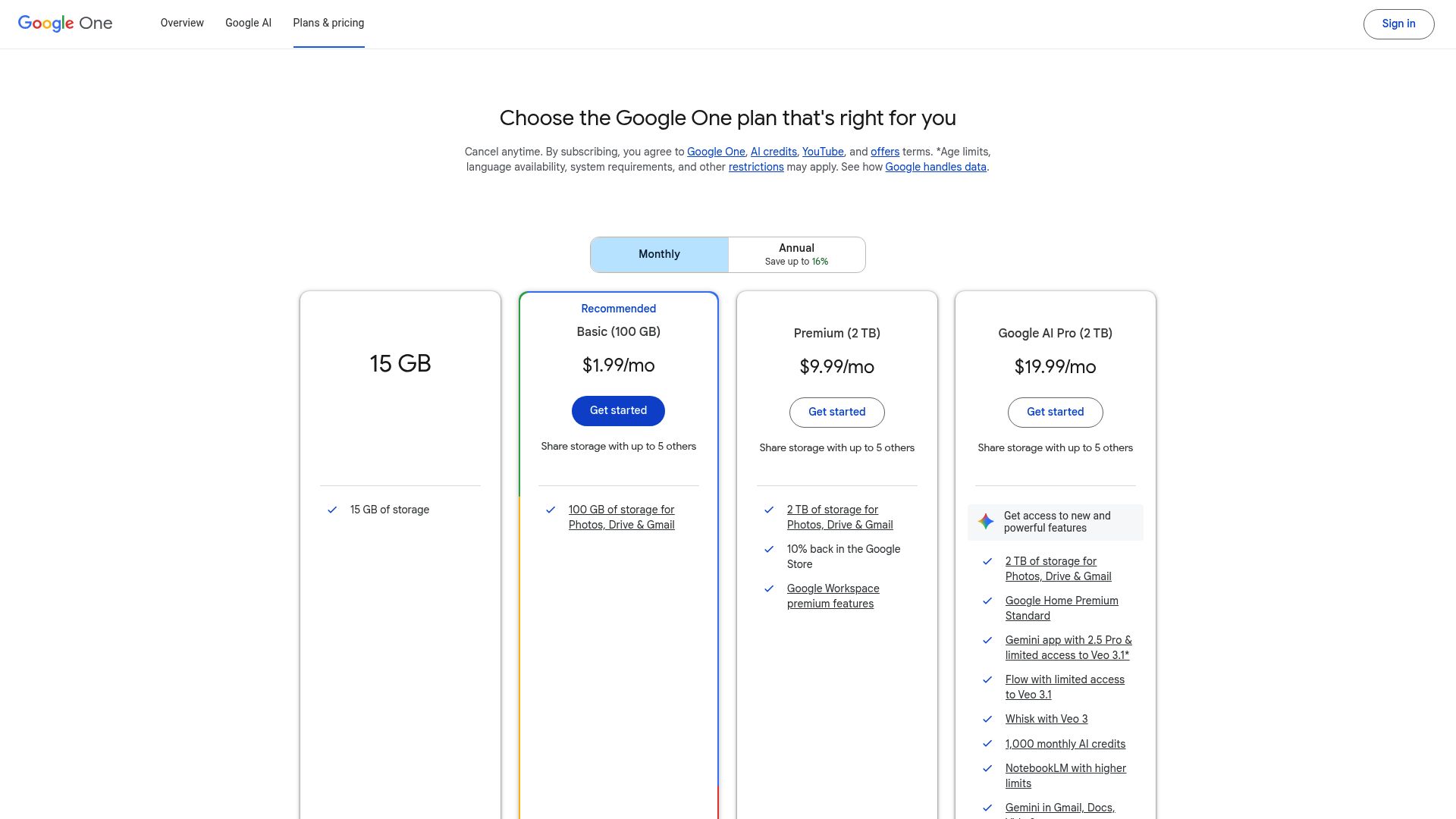 Capture d'écran de l'interface de Google One montrant les options de stockage payantes après que l'espace gratuit de 15Go soit rempli.