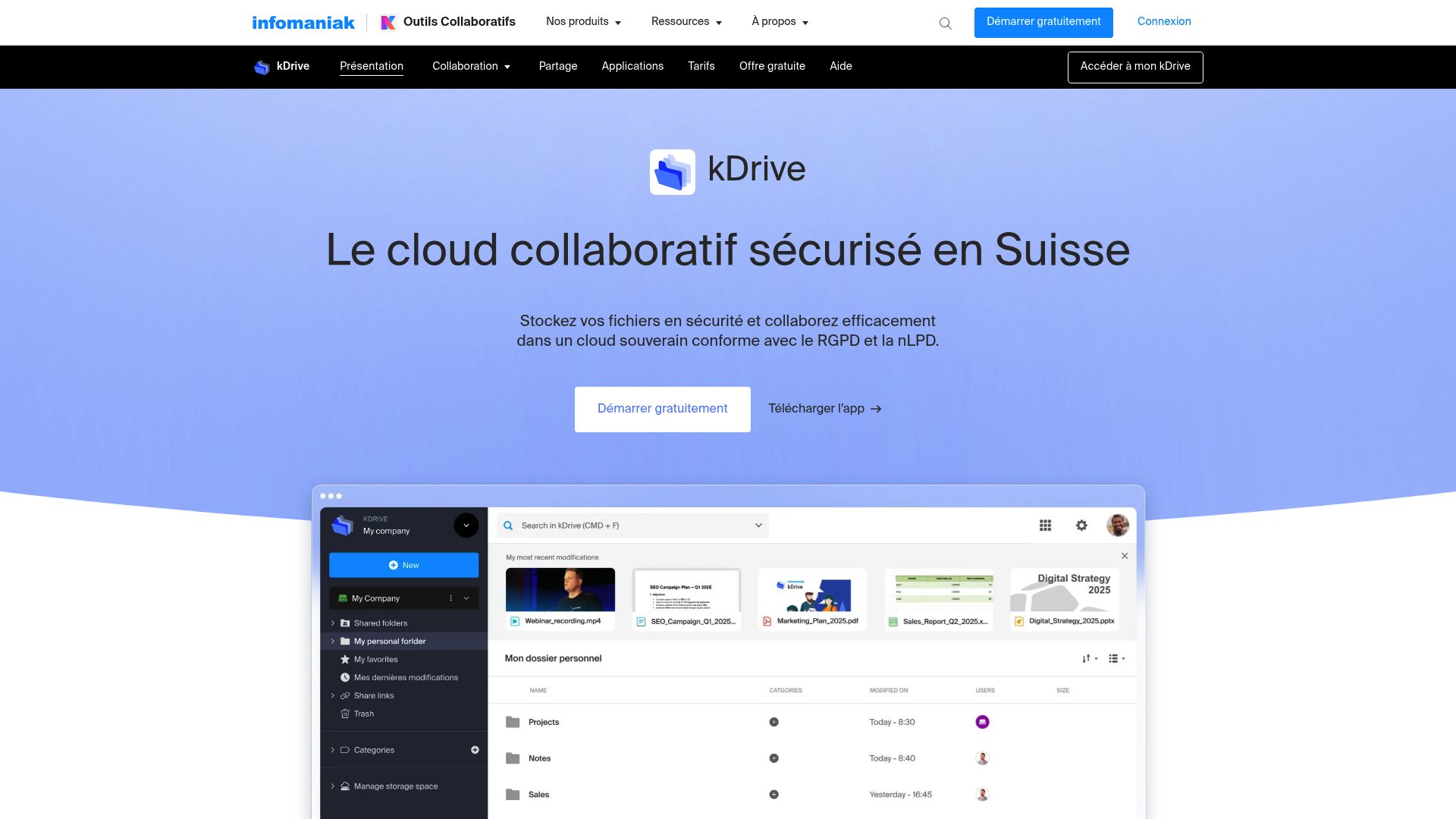 Une capture d'écran de l'accueil d'Infomaniak kDrive, une solution cloud suisse qui met le paquet sur la sécurité et la souveraineté des données.