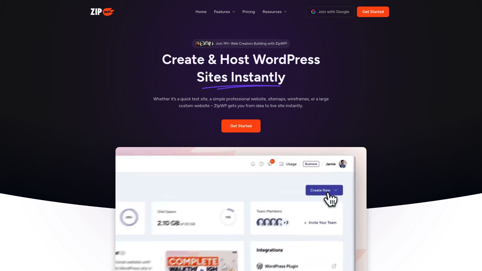 Screenshot of the ZipWP homepage, showing off its clean interface and a headline promising lightning-fast AI website creation for WordPress. The URL zipwp.com is clearly visible.