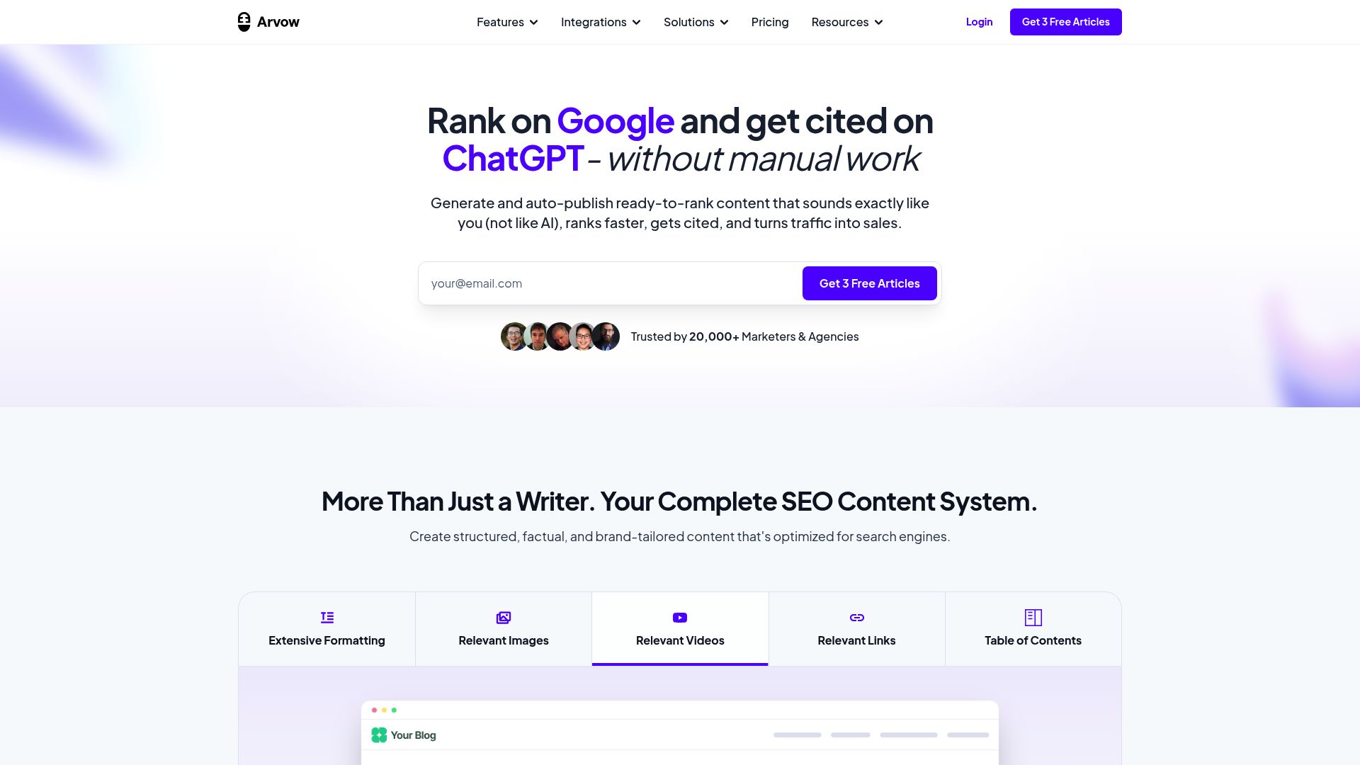 A screenshot of the Arvow homepage, showing off their features for automating blogs with AI.