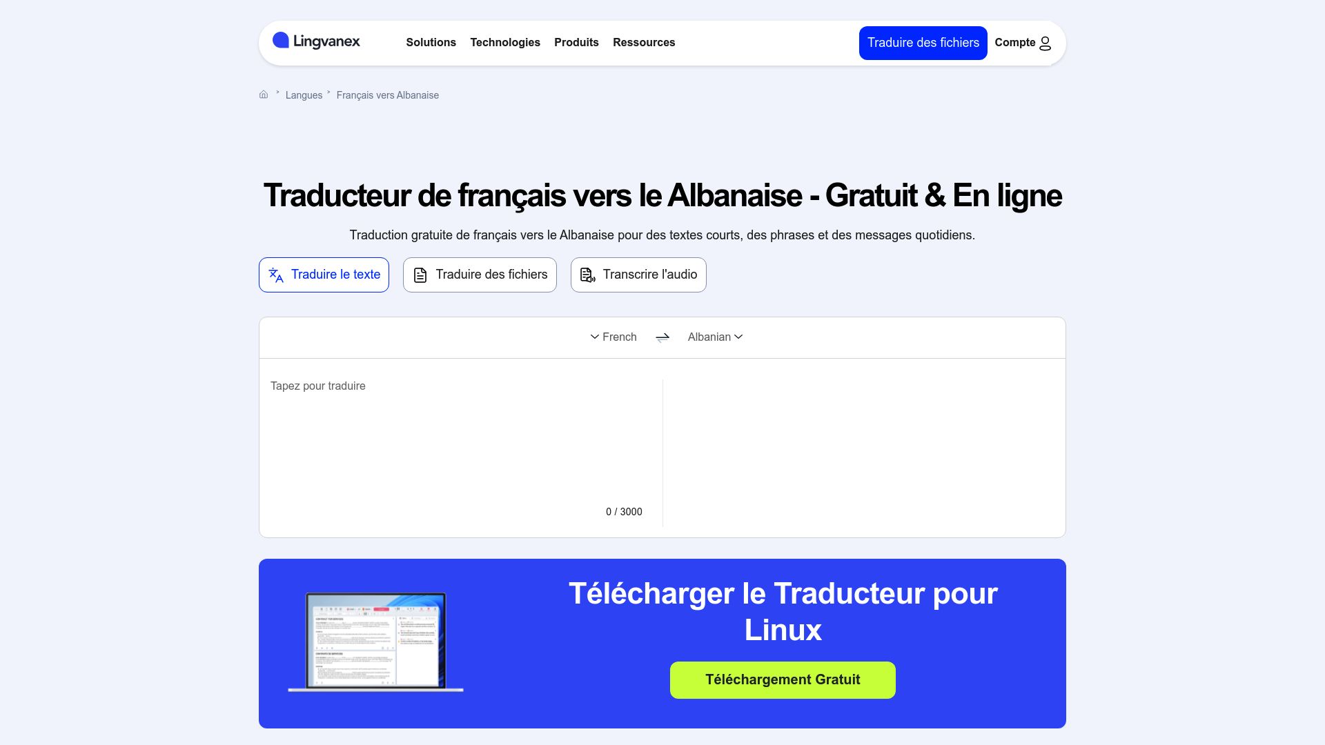 Capture d'écran de l'interface du site web Lingvanex, montrant les deux champs pour la traduction de l'albanais vers le français.