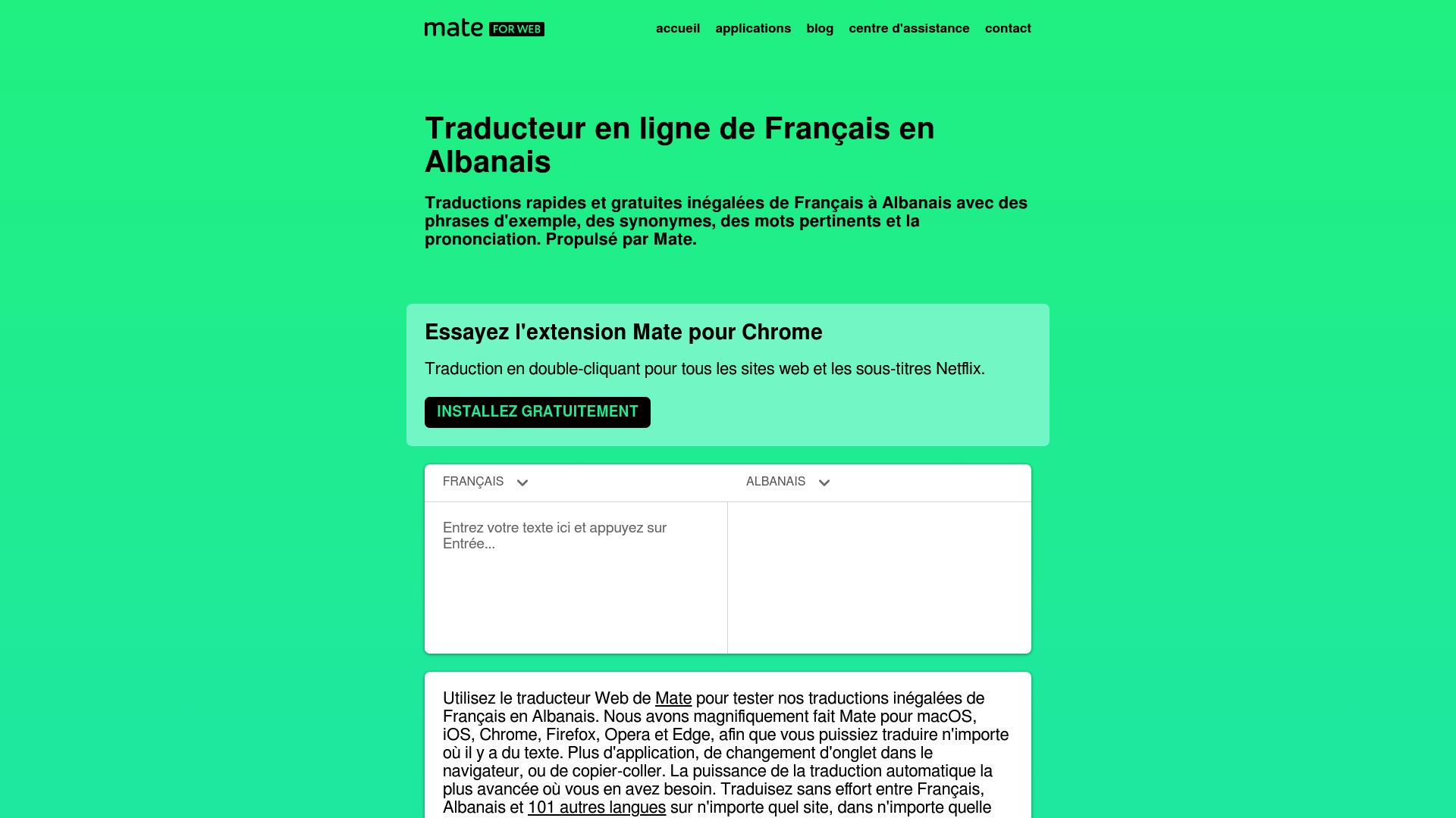 Capture d'écran de la page du traducteur français-albanais sur le site de Mate Translate, mettant en avant ses fonctionnalités.
