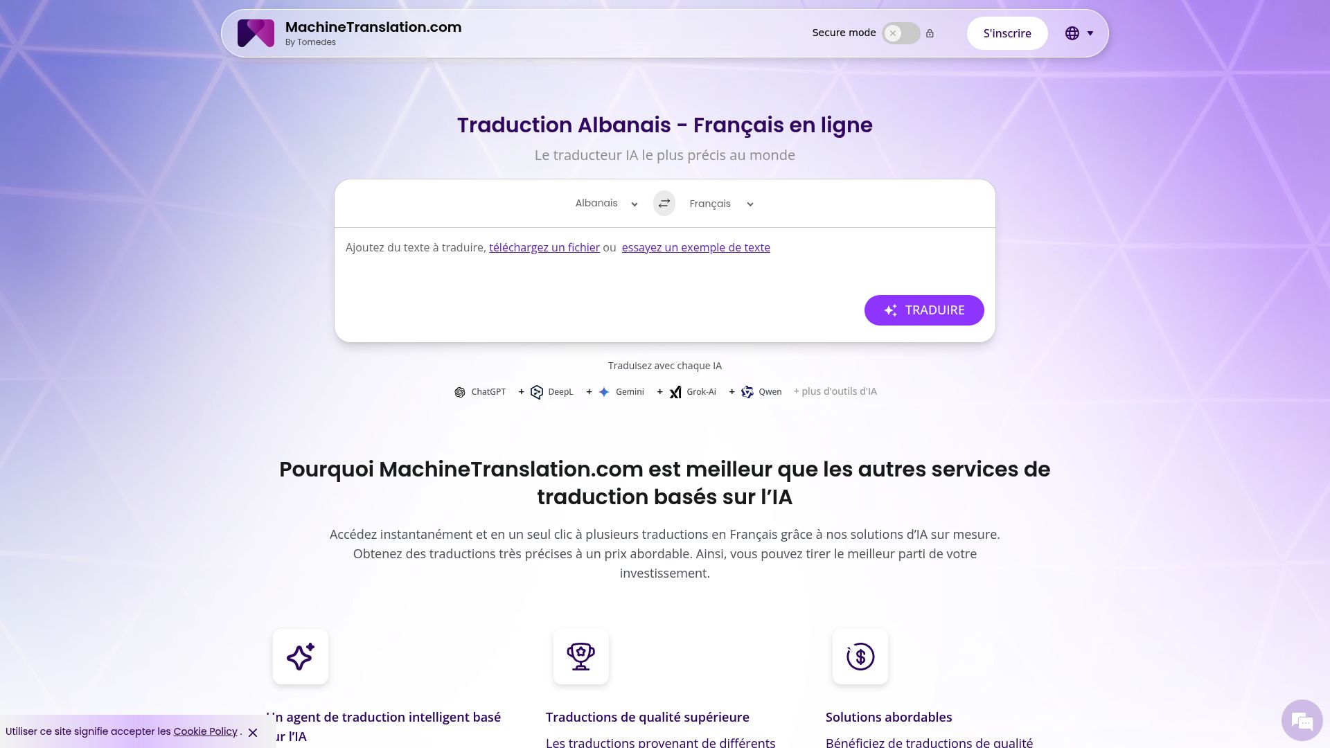 Capture d'écran du site MachineTranslation.com, montrant l'option de choisir entre différents moteurs de traduction pour la paire albanais-français.