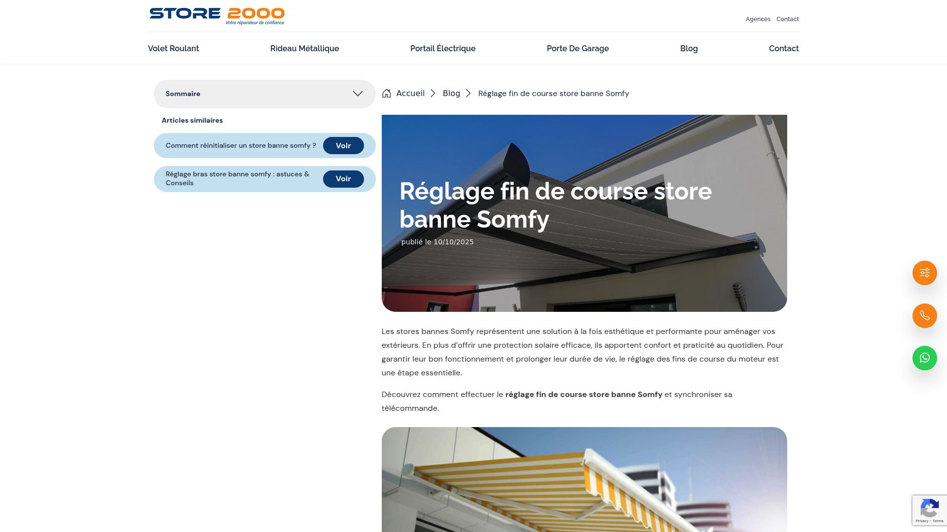 Screenshot of the Store2000 blog page about adjusting a Somfy awning, showing detailed instructions.