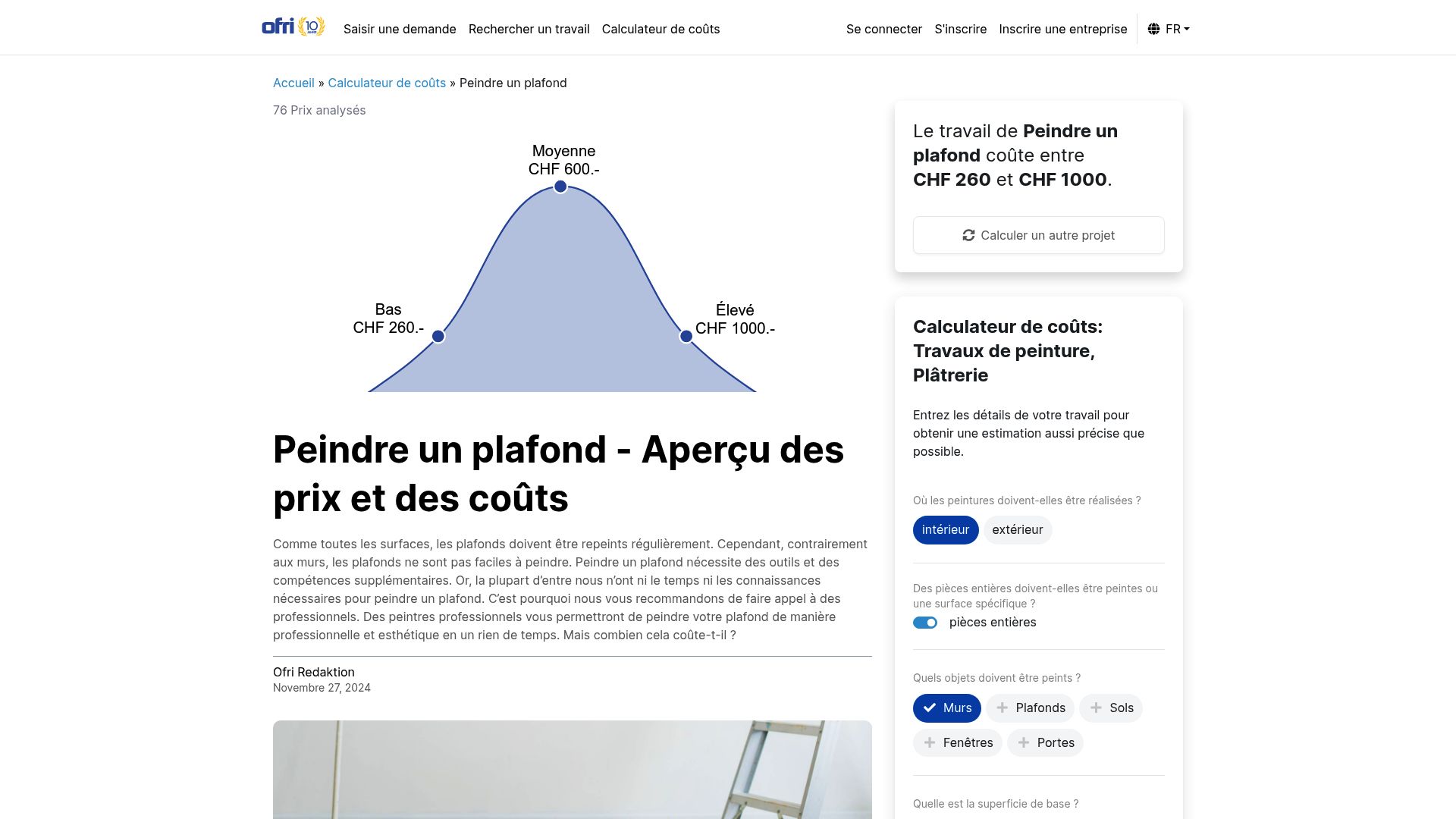 On voit ici la page du site Ofri.ch qui détaille les coûts des travaux de peinture.