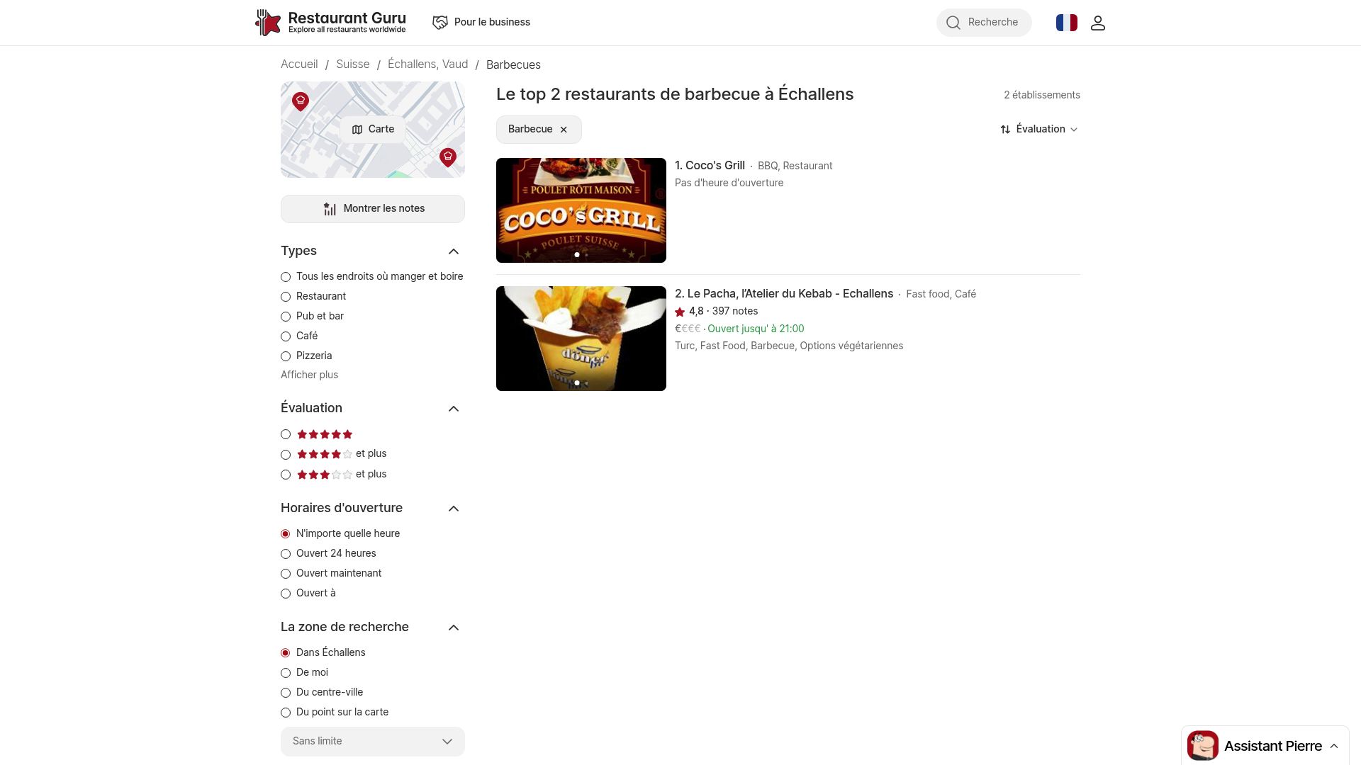 Vue d'écran de l'en-tête de la page de la catégorie 'Barbecue' pour Echallens sur le site Restaurant Guru, montrant le nom du site et la barre de recherche.