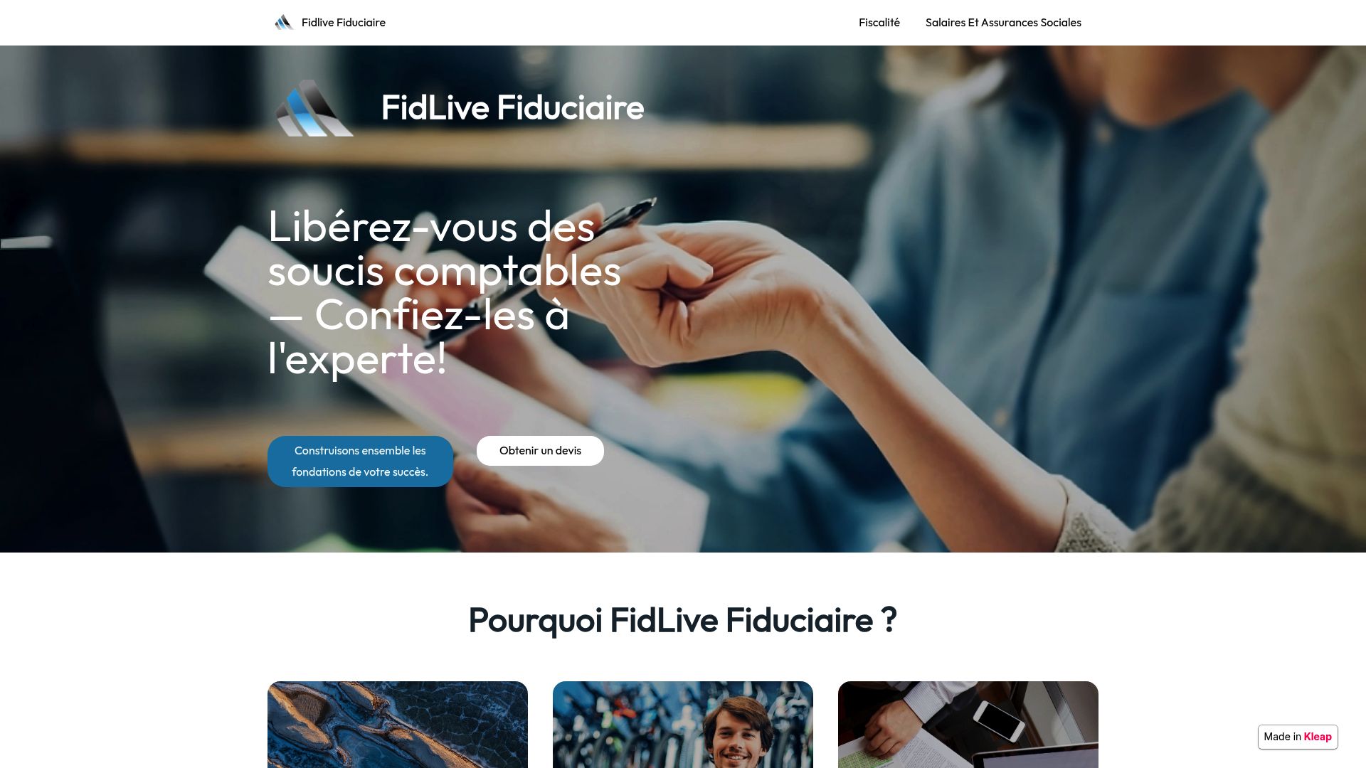 Capture d'écran de la page d'accueil du site fidlive.ch, montrant un design professionnel et les services principaux offerts.