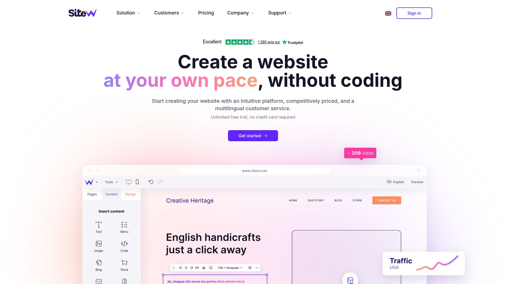 Interface du créateur de site SiteW. On y voit des modules à glisser-déposer sur une page web en cours de construction.