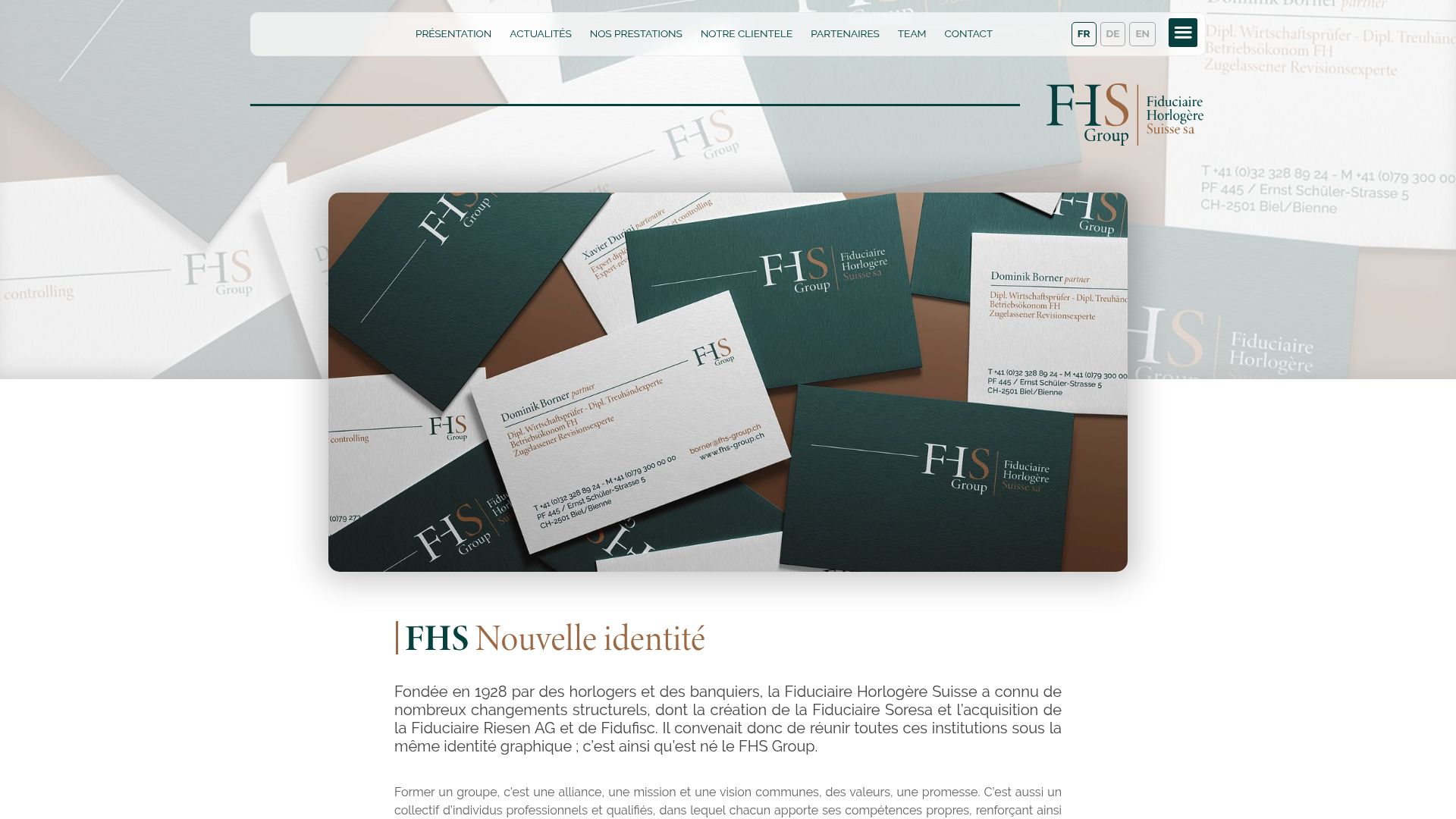 Un aperçu de la page d'accueil de FHS Group, où l'on voit bien leur nouvelle identité et leur focus sur le monde de l'horlogerie. URL: https://fhs-group.ch/nouvelle-identite/