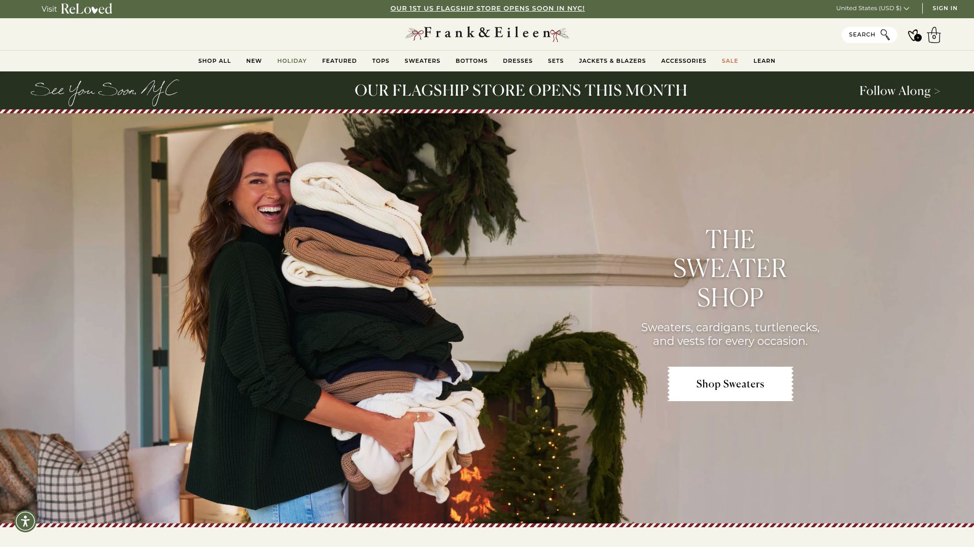 Capture d'écran de la page d'accueil de Frank & Eileen, mettant en avant leurs robes chemises emblématiques dans un décor minimaliste.