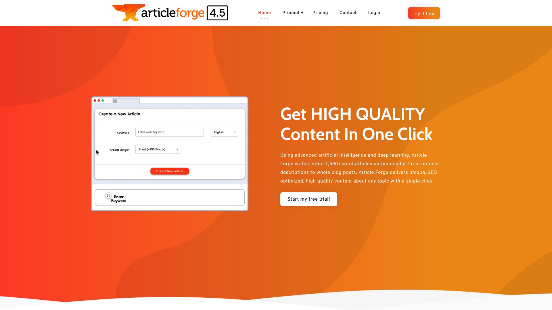 A peek at the Article Forge dashboard, showcasing its super simple interface—just a keyword box, some sliders for length, and that big 'Create New Article' button.