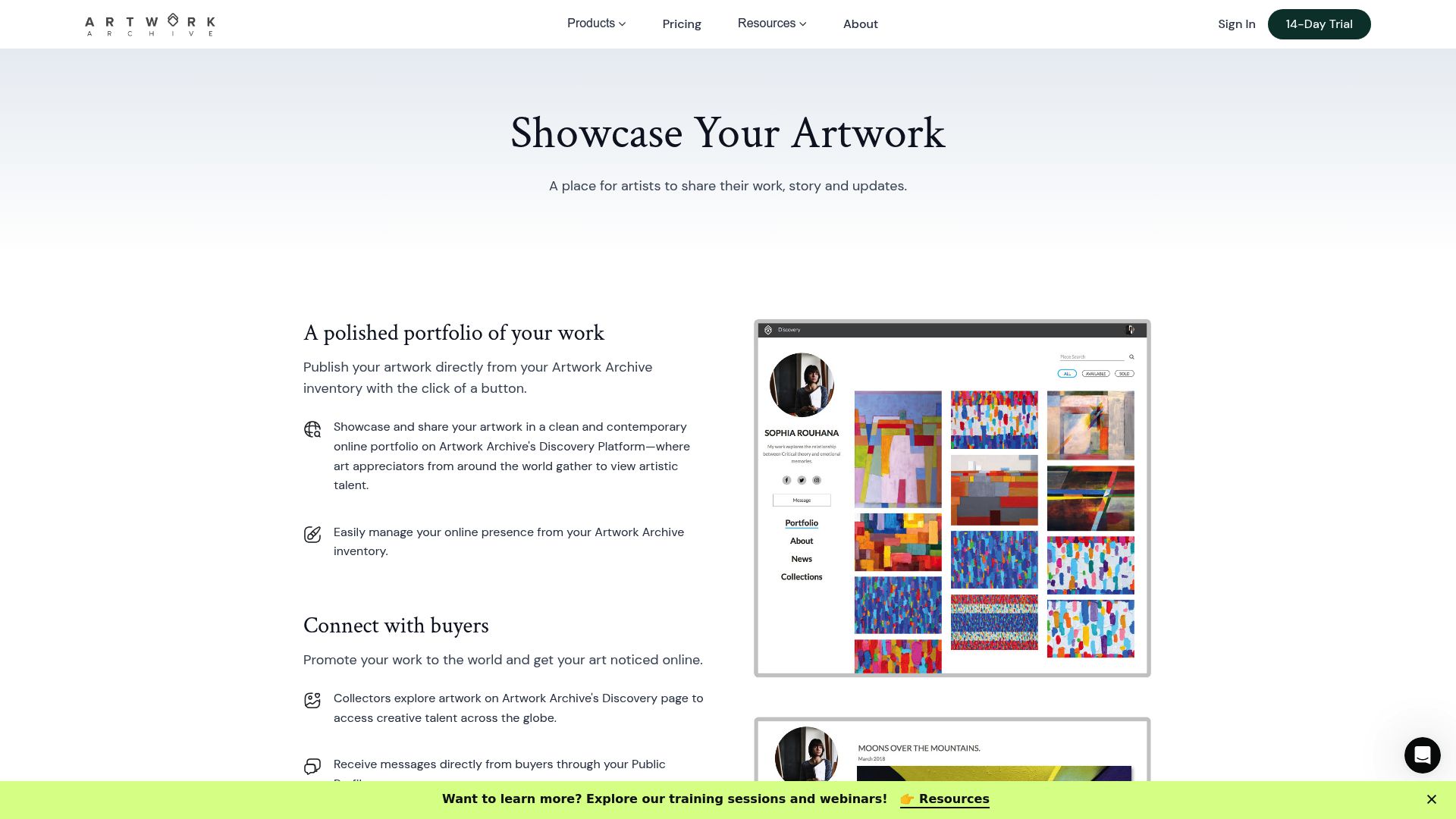 A screenshot from Artwork Archive showing a public artist profile with a clean gallery of artwork images, complete with titles and descriptions.