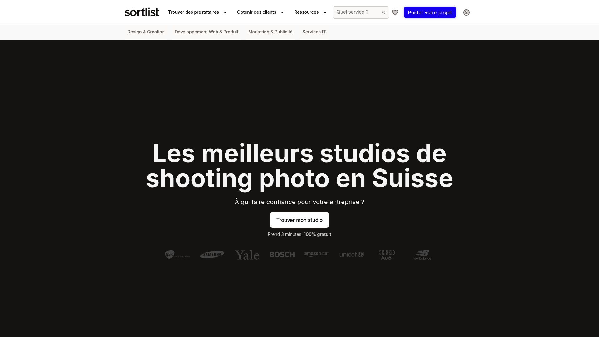 Une capture d'écran du site Sortlist.ch, avec son champ de recherche et son slogan bien visibles.
