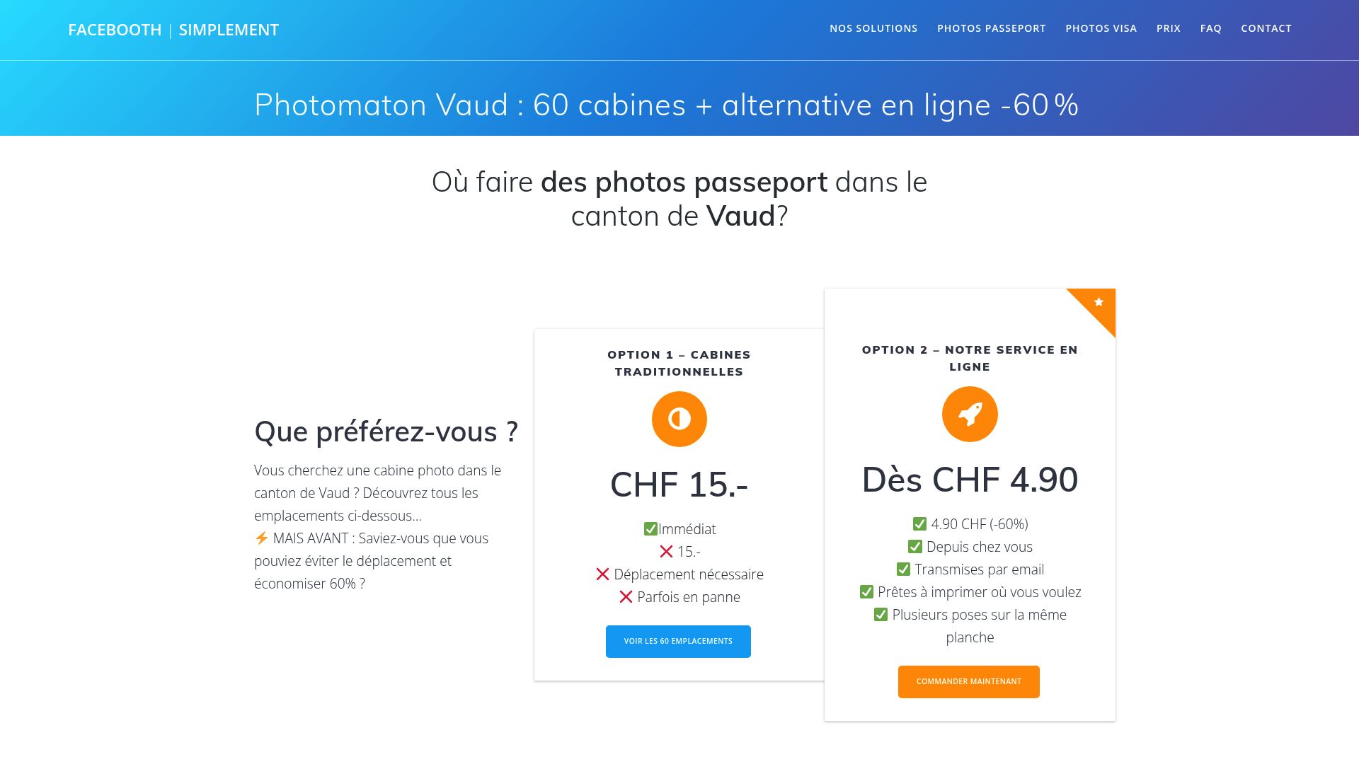 Capture d'écran de la page de localisation des photomatons de Facebooth.ch, montrant une carte de la région de Vaud avec des points indiquant les emplacements.
